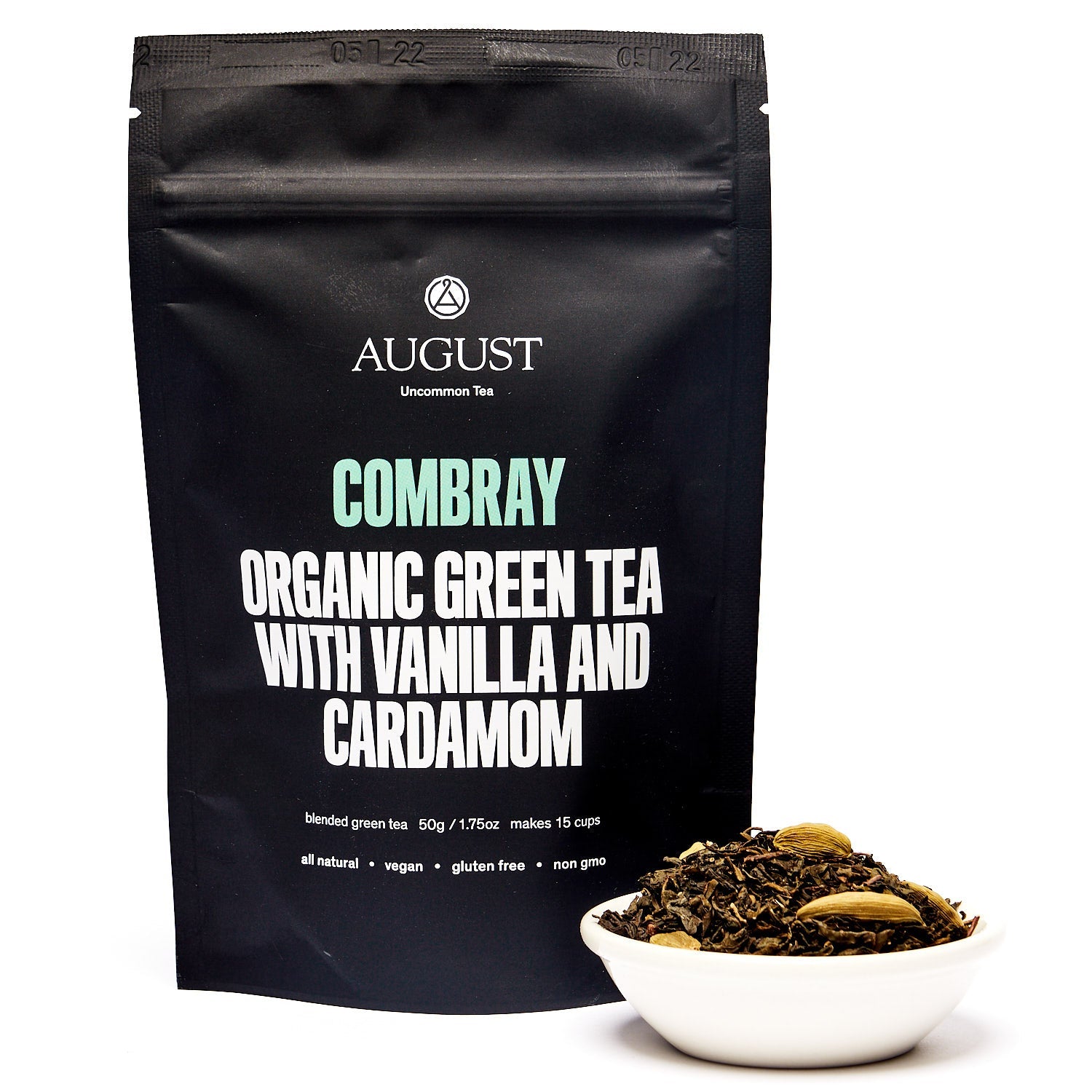 August Uncommon Tea Combray Vanilla Cardamom Green Tea in a 23-cup tin, showcasing vibrant tea leaves and packaging.