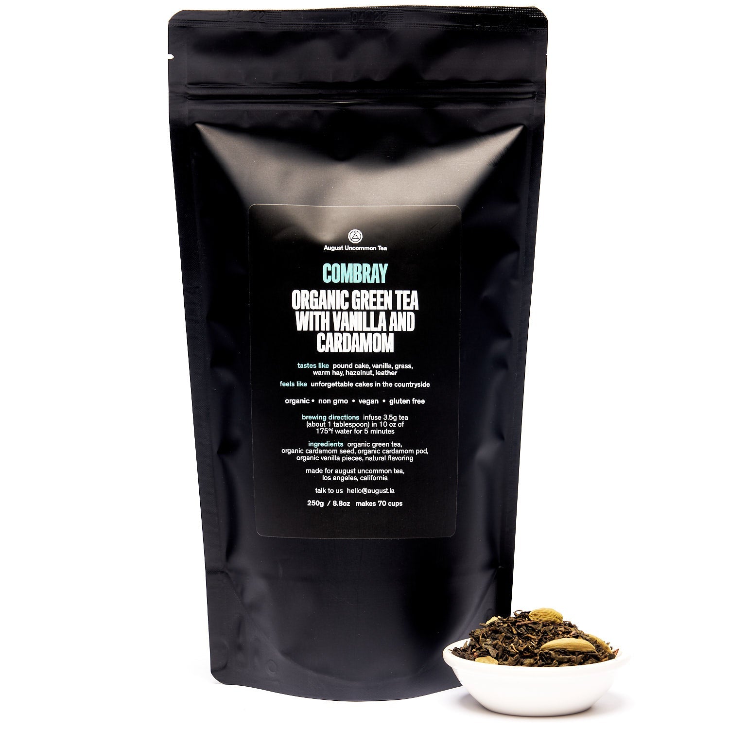 August Uncommon Tea Combray Vanilla Cardamom Green Tea in a 23-cup tin, showcasing fresh green tea leaves with vanilla and cardamom flavoring.