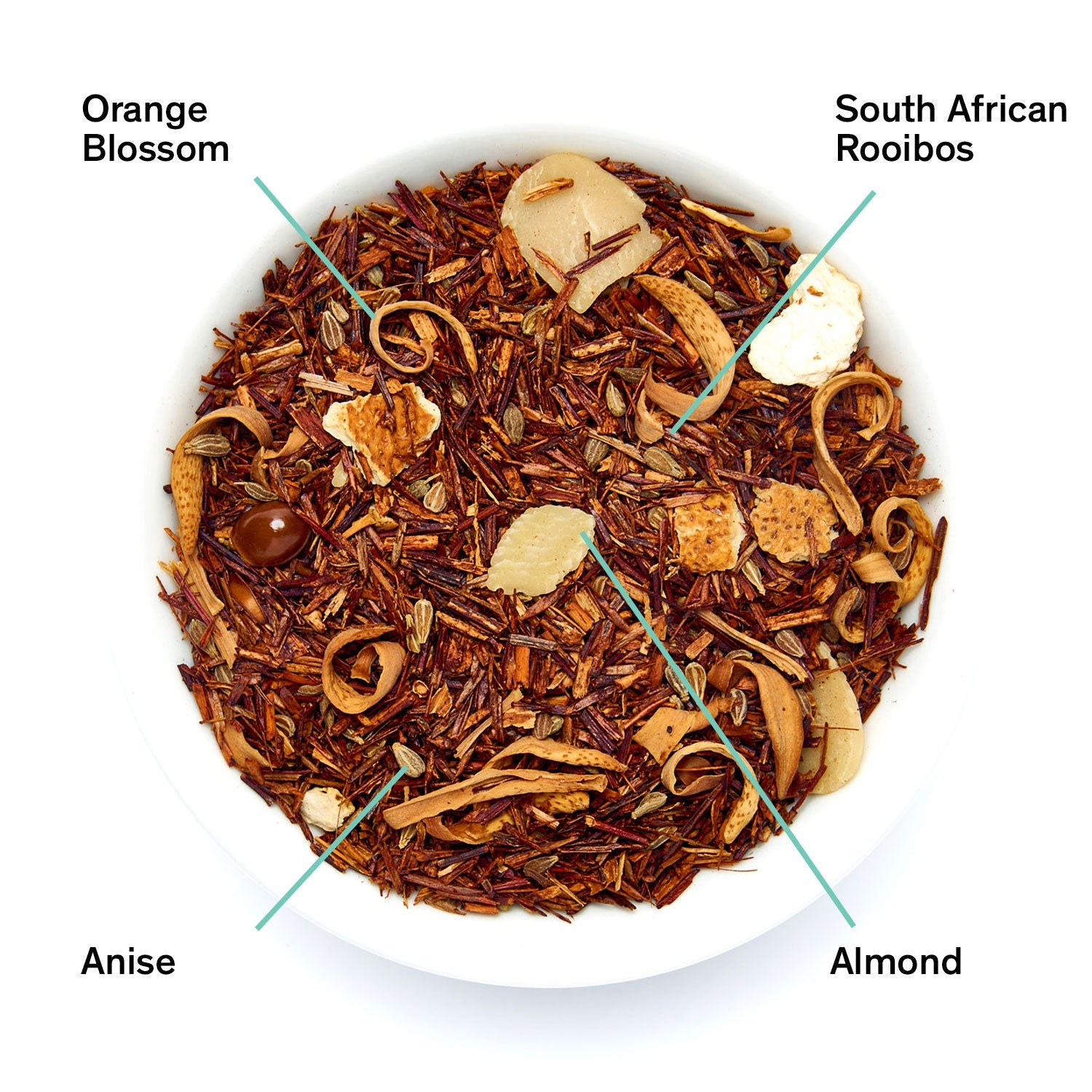 Biarritz Orange Amaretto Rooibos Tea bag by August Uncommon Tea, caffeine-free herbal tea with vibrant orange and almond flavors.