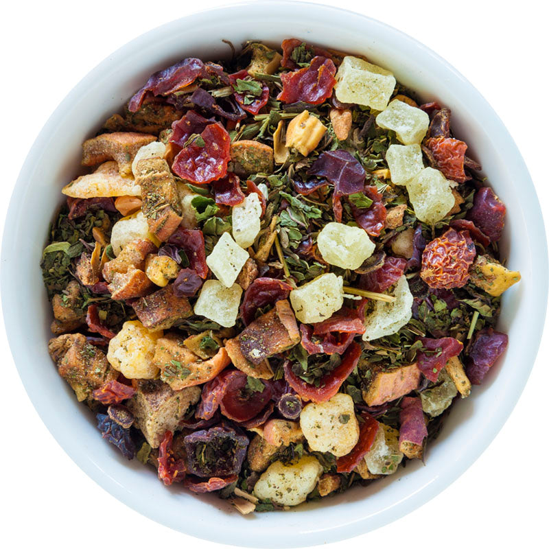 August Uncommon Tea Capri Honeydew Melon Mint Tea in a 15-cup herbal tea bag, caffeine-free, with fresh melon and mint ingredients.