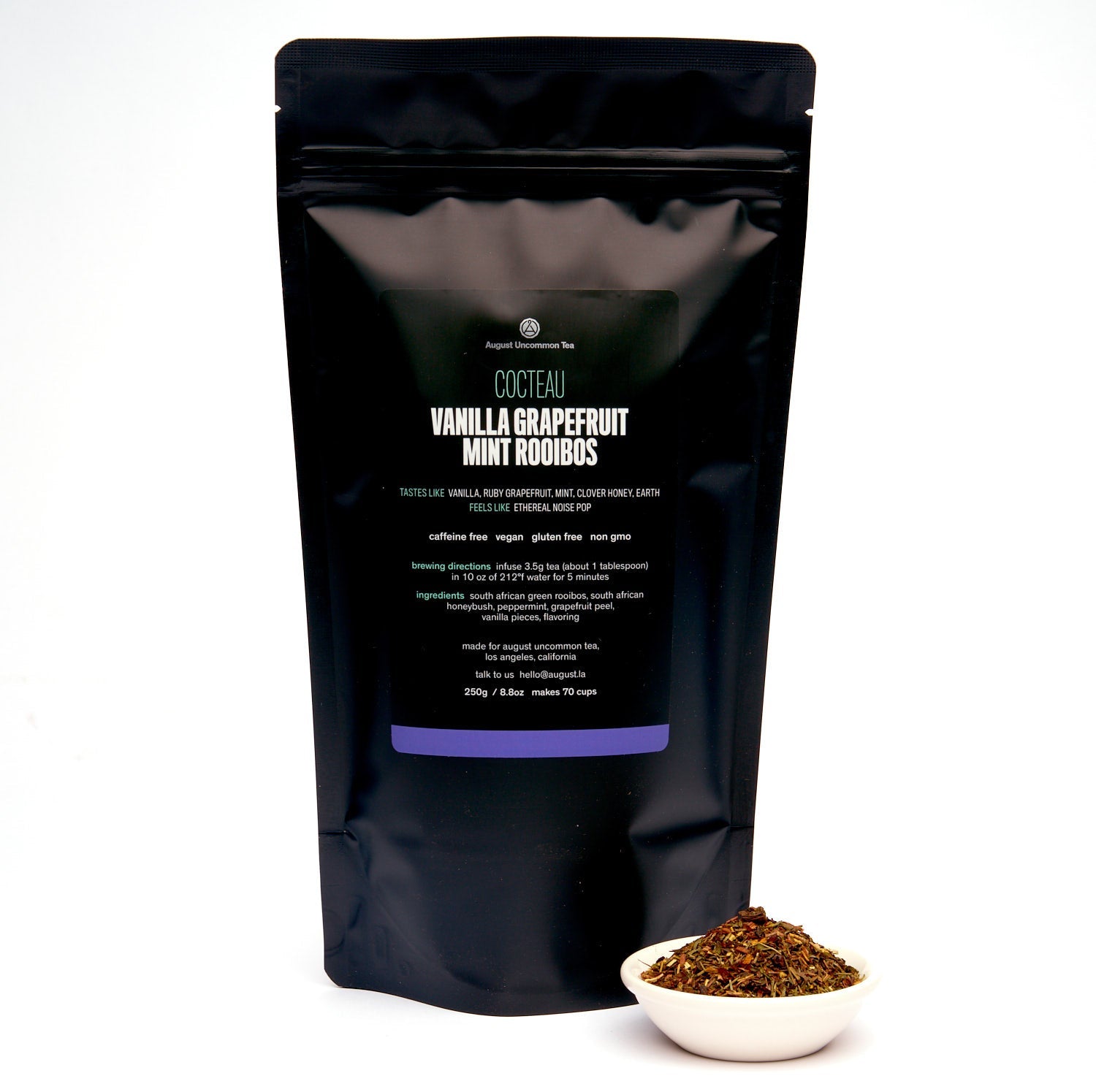Cocteau Vanilla Grapefruit Mint Rooibos Tea by August Uncommon Tea in a tea bag, caffeine-free herbal tea blend.