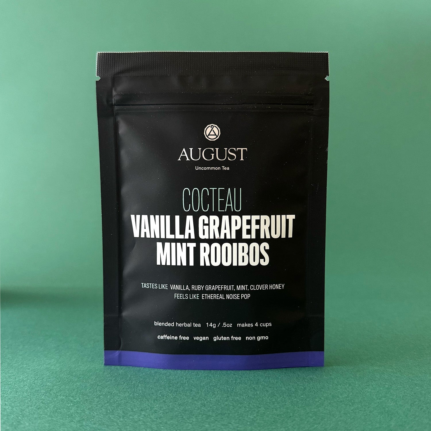 Cocteau Vanilla Grapefruit Mint Rooibos Tea by August Uncommon Tea, caffeine-free herbal tea in a 15-cup bag.