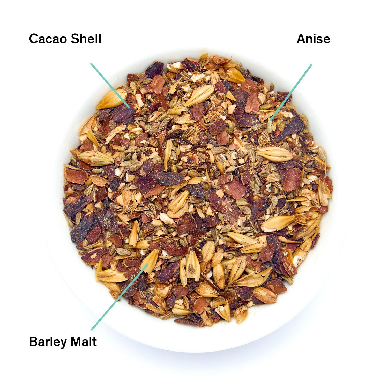 Cult of Demeter Cocoa Anise Barley Tea bag from August Uncommon Tea, caffeine-free herbal tea with cocoa and anise flavor.