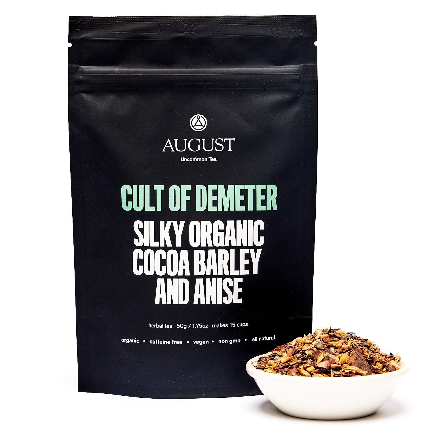 August Uncommon Tea Cult of Demeter Cocoa Anise Barley Tea in a 15-cup herbal tea bag, caffeine-free beverage.