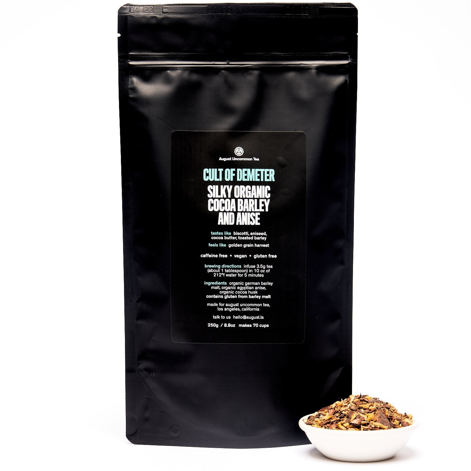 Cult of Demeter Cocoa Anise Barley Tea by August Uncommon Tea in a 15-cup herbal tea bag, caffeine-free beverage.