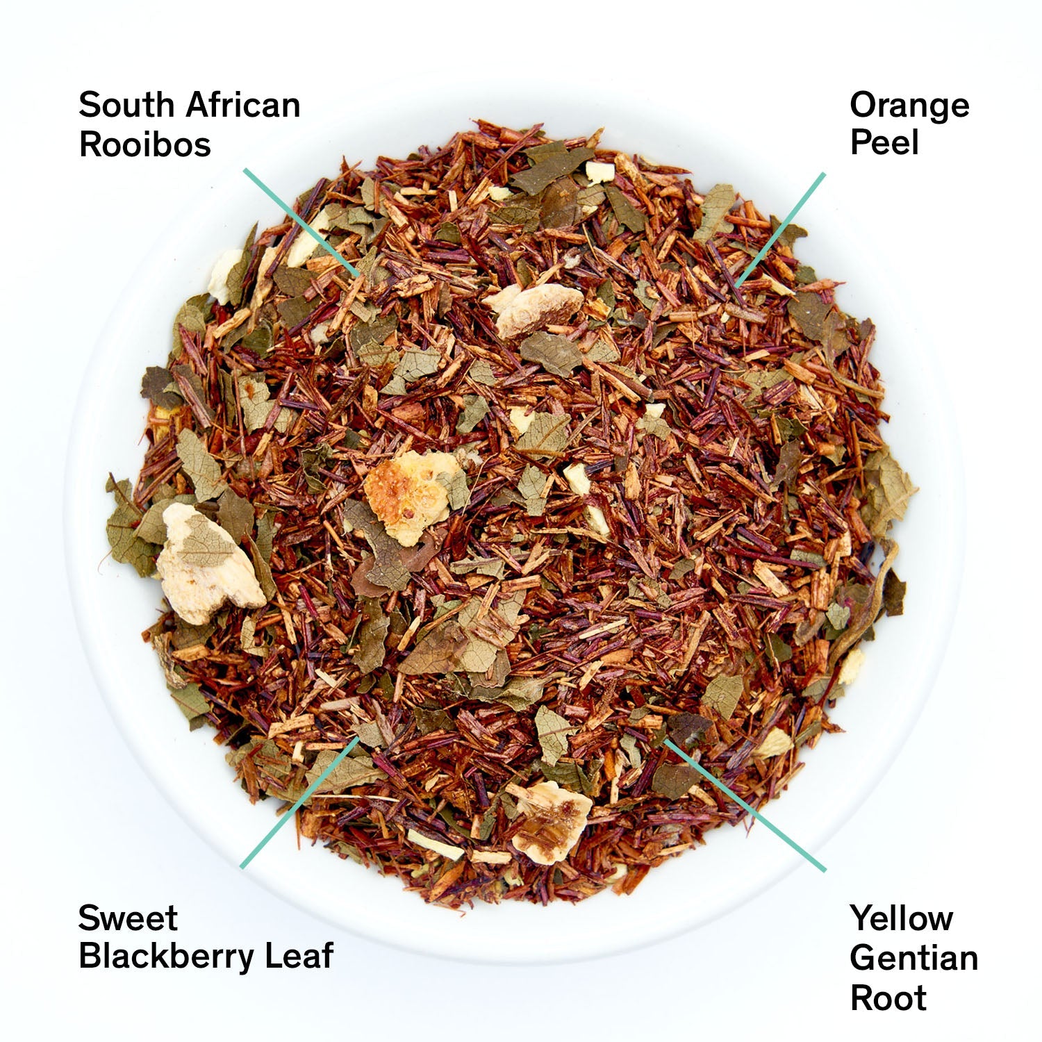 Caffeine-free Negroni herbal tea bag by August Uncommon Tea with bittersweet orange rooibos flavor in a 15-cup bag.