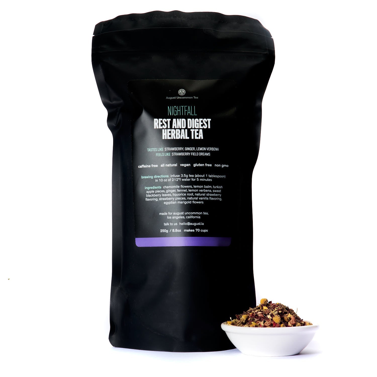 Nightfall herbal tea by August Uncommon Tea, caffeine-free blend of herbs in a 15-cup bag for relaxing bedtime tea.