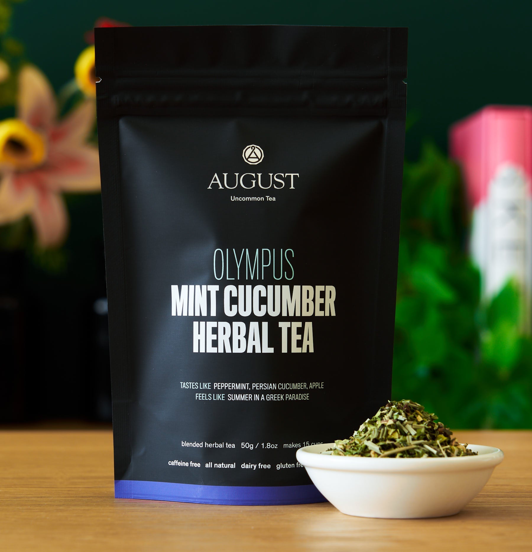 Olympus Mint Cucumber Herbal Tea bag by August Uncommon Tea, caffeine-free herbal tea with fresh mint and cucumber flavor.