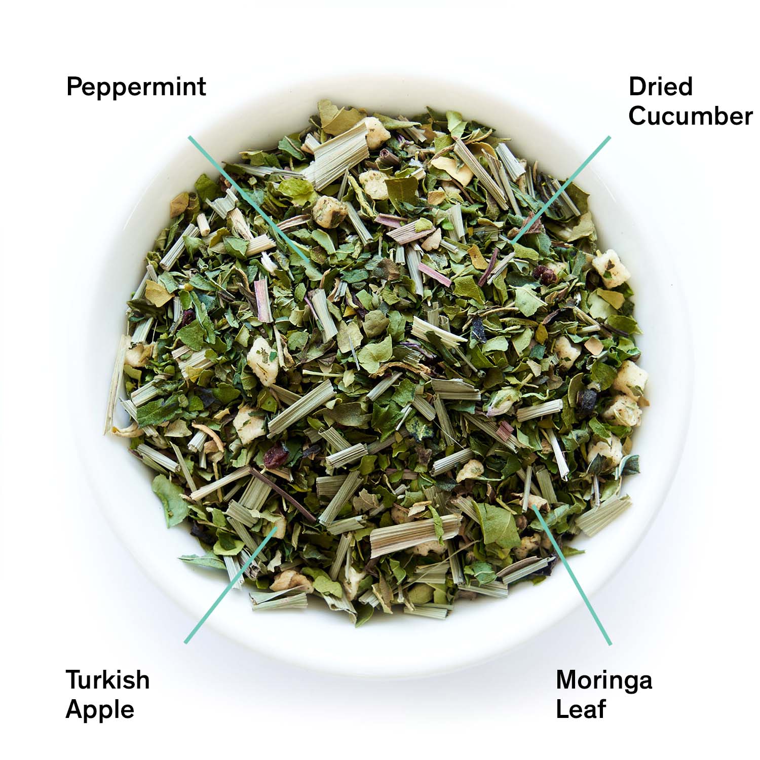 Olympus Mint Cucumber Herbal Tea by August Uncommon Tea, caffeine-free herbal tea bag with fresh mint and cucumber flavor.