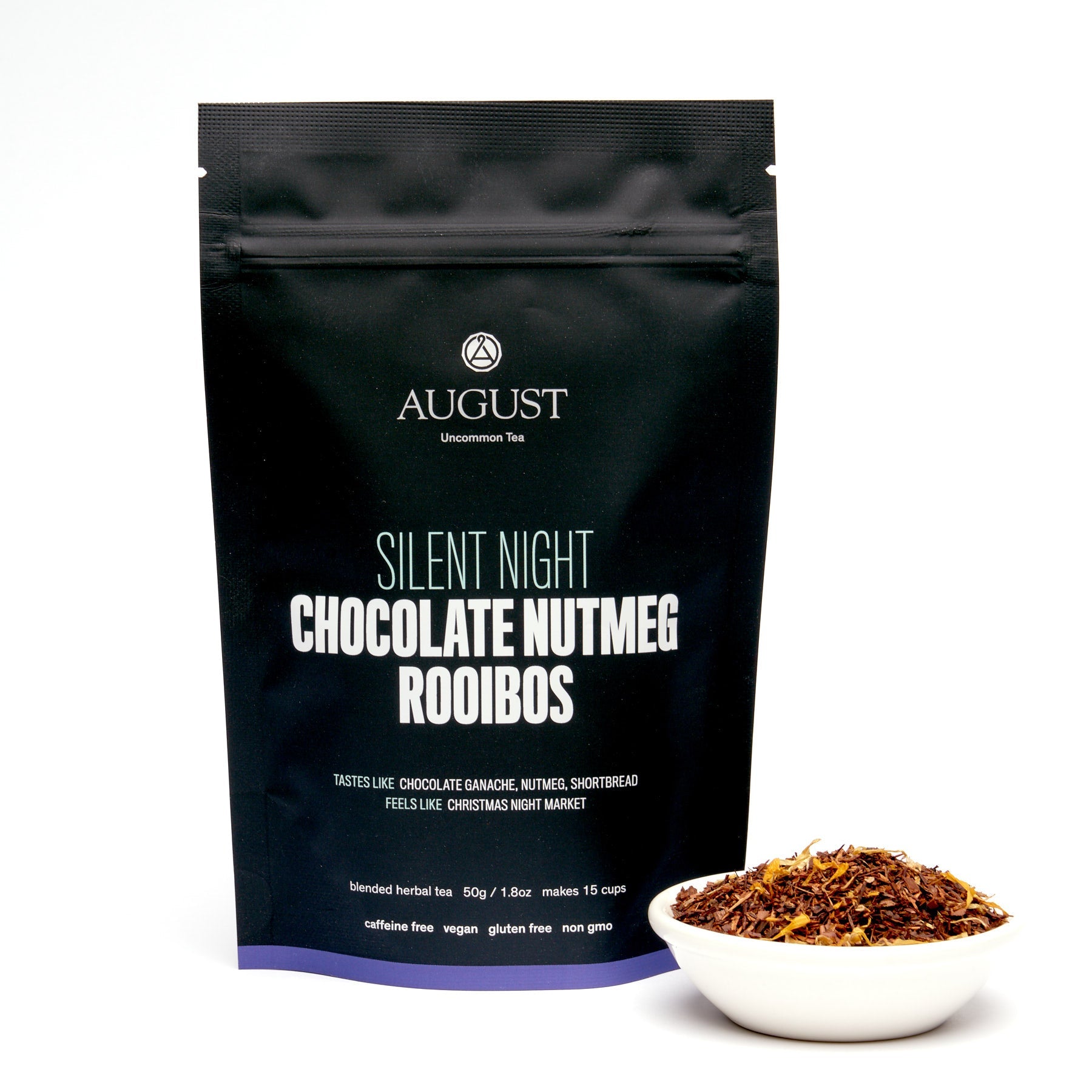 Silent Night Chocolate Nutmeg Rooibos herbal tea bag by August Uncommon Tea, featuring a cozy, caffeine-free tea blend.