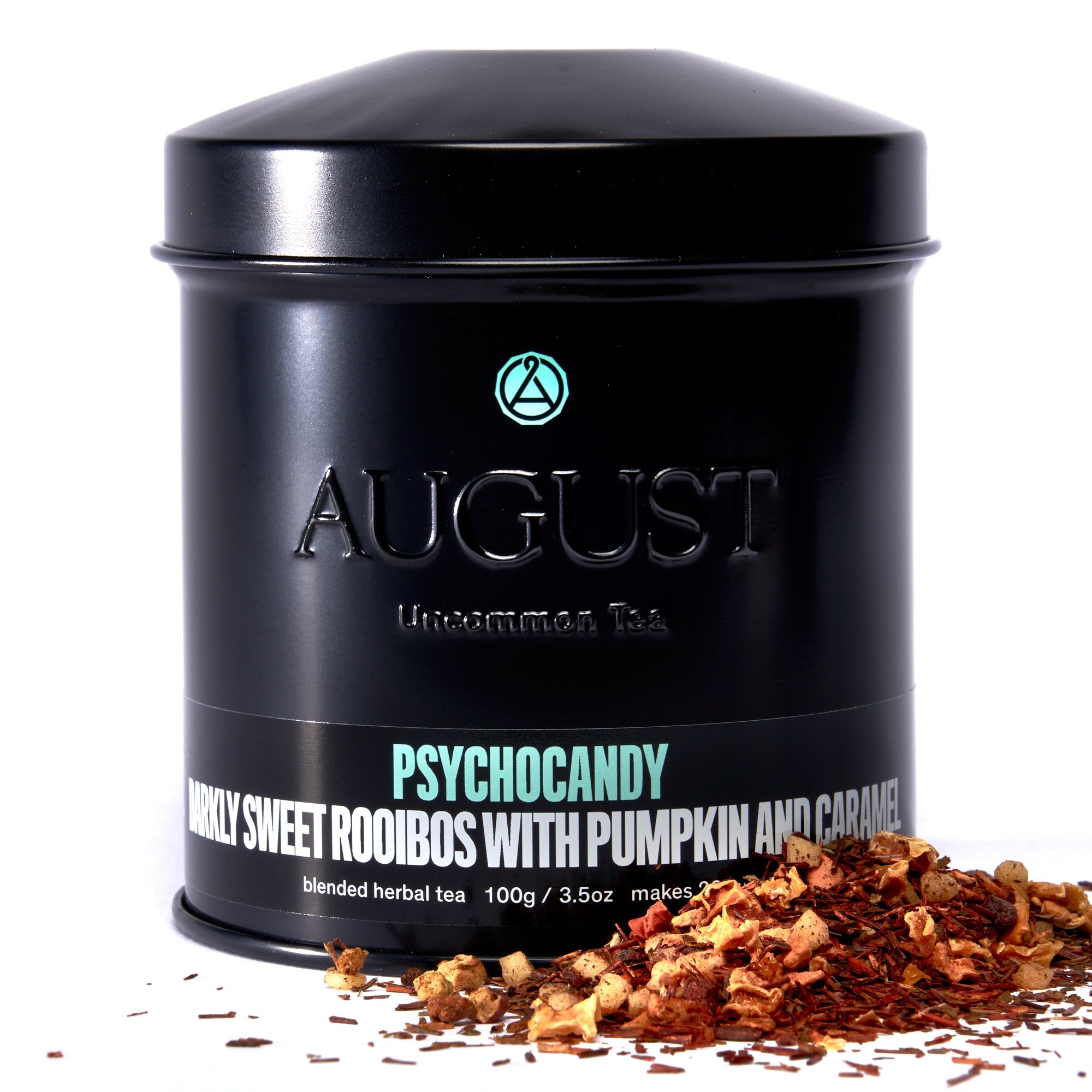 Psychocandy Roasted Pumpkin Caramel Rooibos Tea by August Uncommon in a 28-cup tin, caffeine-free herbal tea with pumpkin and caramel flavors.