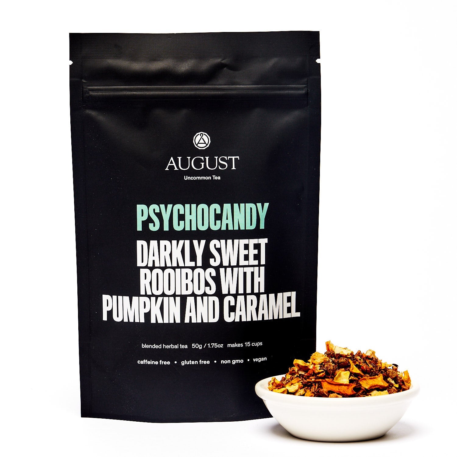 August Uncommon Tea Psychocandy Roasted Pumpkin Caramel Rooibos Tea in a 28-cup tin, caffeine-free herbal tea with pumpkin and caramel flavor.