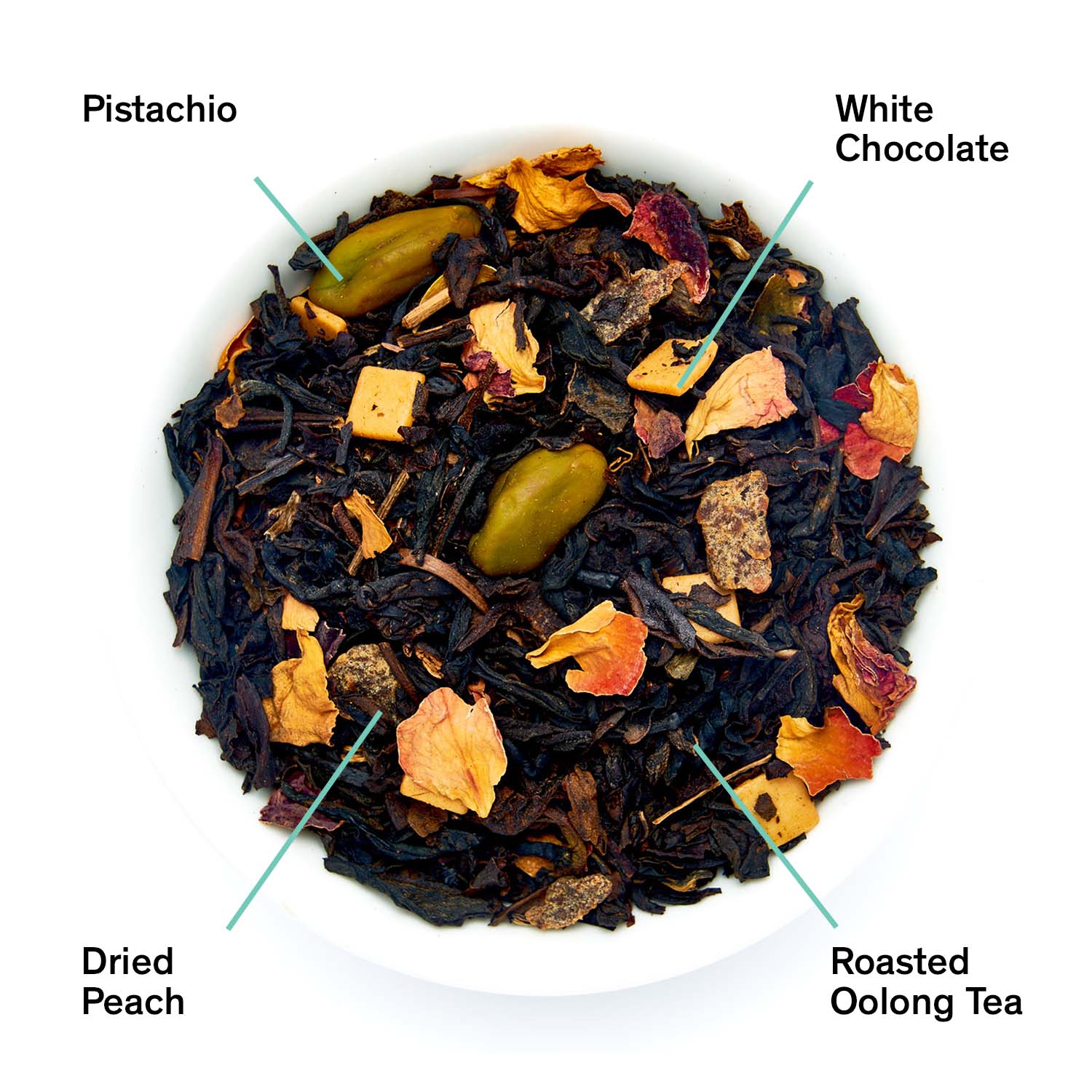 Dark Iris Peach Pistachio Oolong Tea in a tin by August Uncommon, showcasing the vibrant tea blend with peach and pistachio flavors.