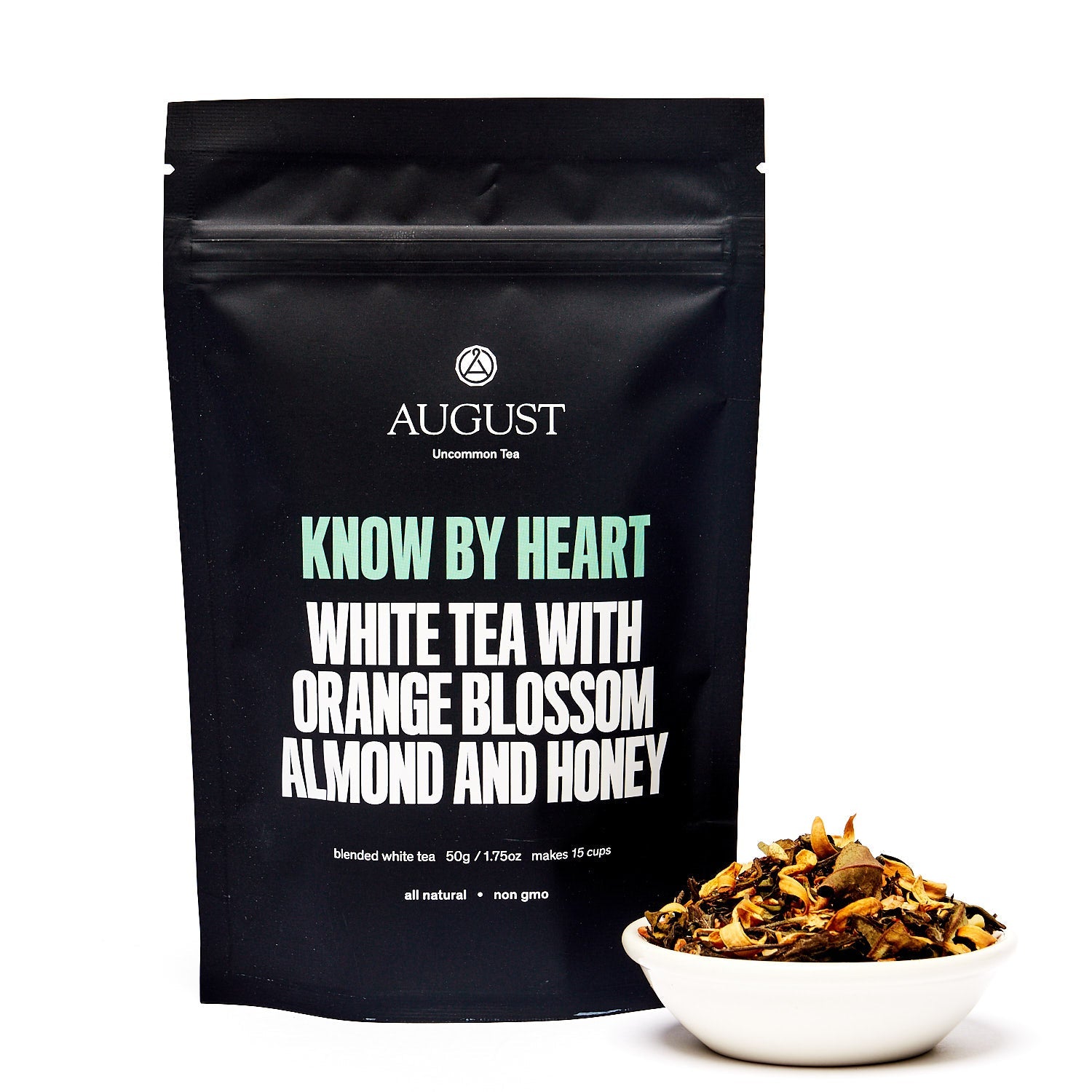 White tea in a 26-cup tin by August Uncommon Tea, flavored with orange blossom and almond for a fragrant beverage.