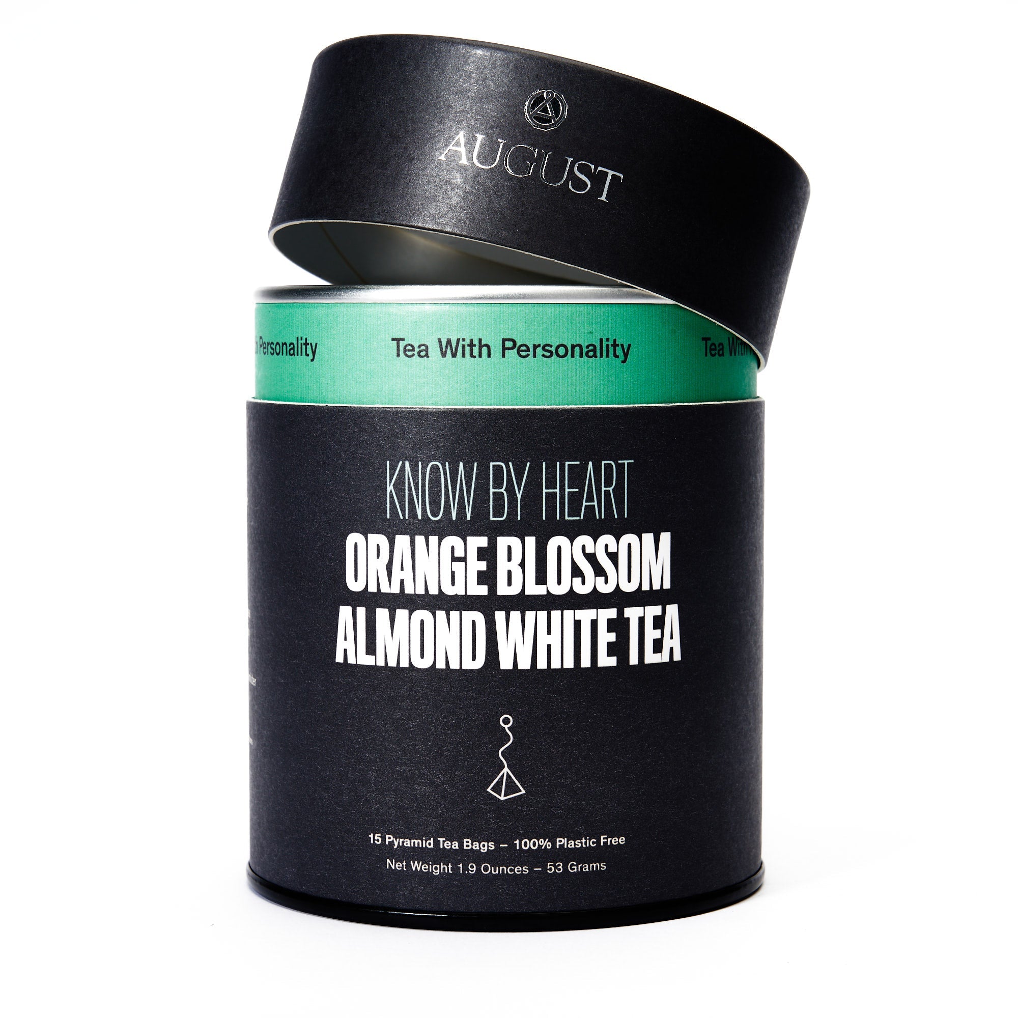 Know By Heart Orange Blossom Almond White Tea by August Uncommon Tea, 15 tea bags, featuring delicate white tea with floral and nutty notes.