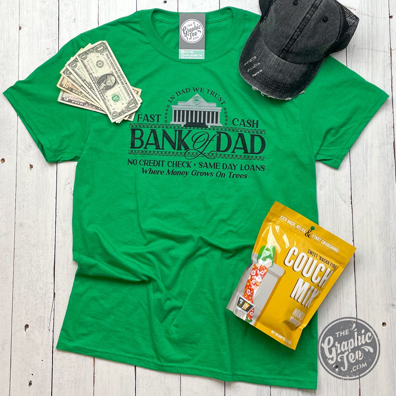 Unisex green short sleeve graphic tee by The Graphic Tee featuring a casual design and comfortable fit.