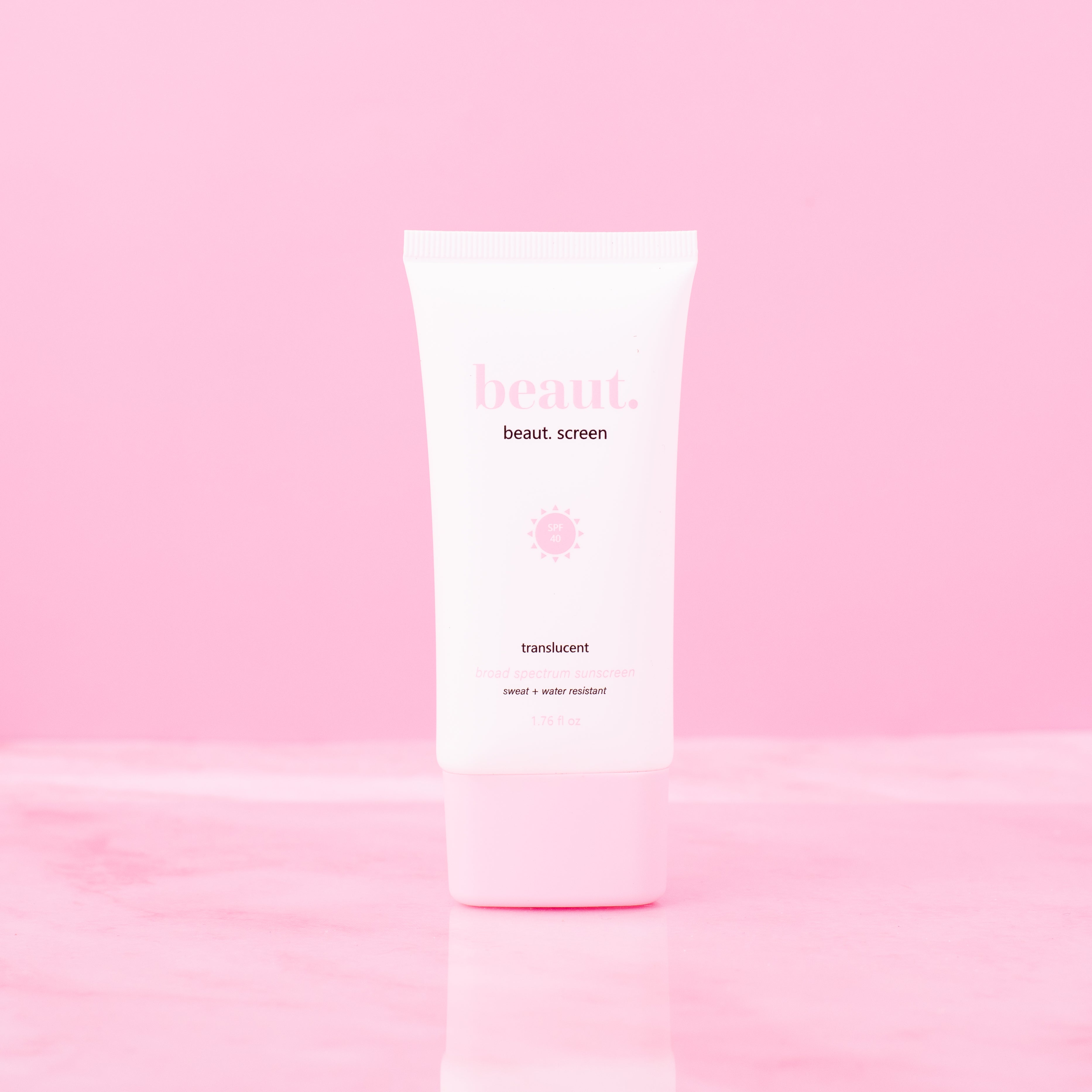Beauty.co translucent beaut.screen product in a sleek container with a clear, smooth formula designed for a natural finish.