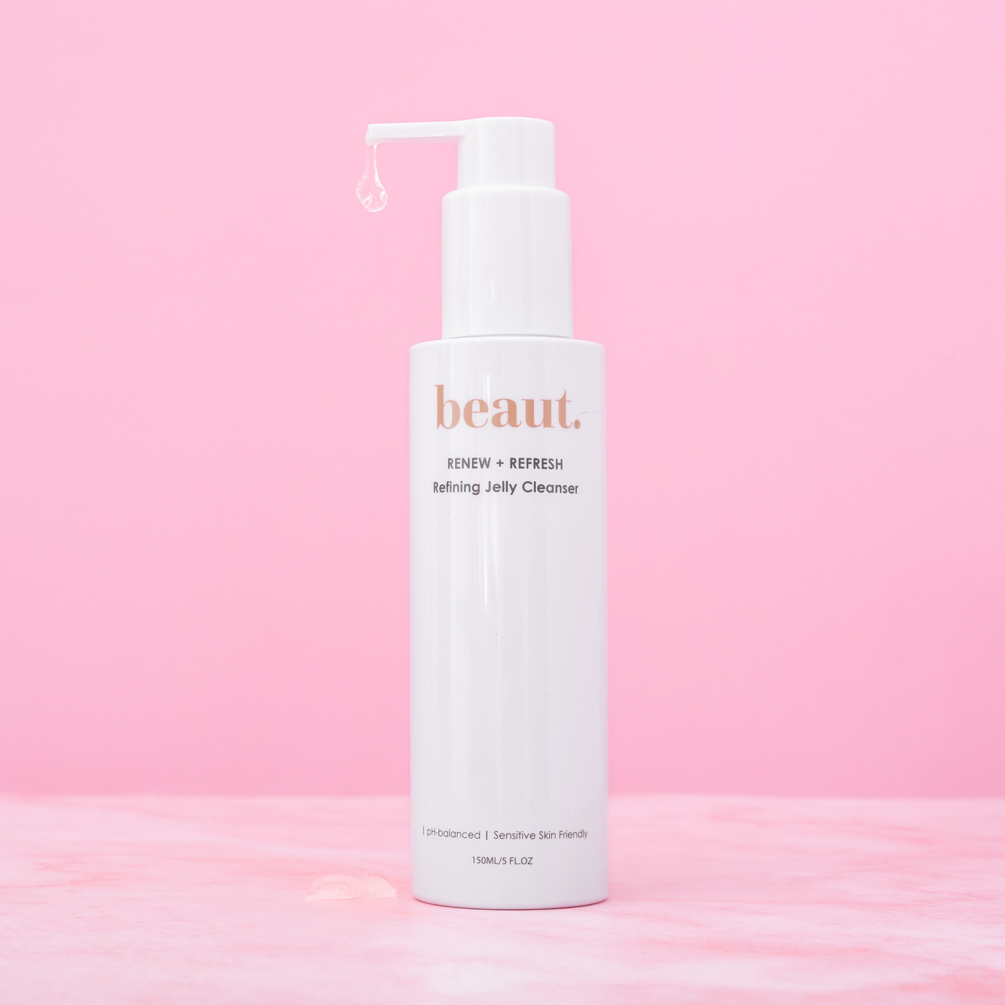 Beaut.beautyco. jelly refining cleanser in a clear bottle with a gentle gel formula and a white pump dispenser.