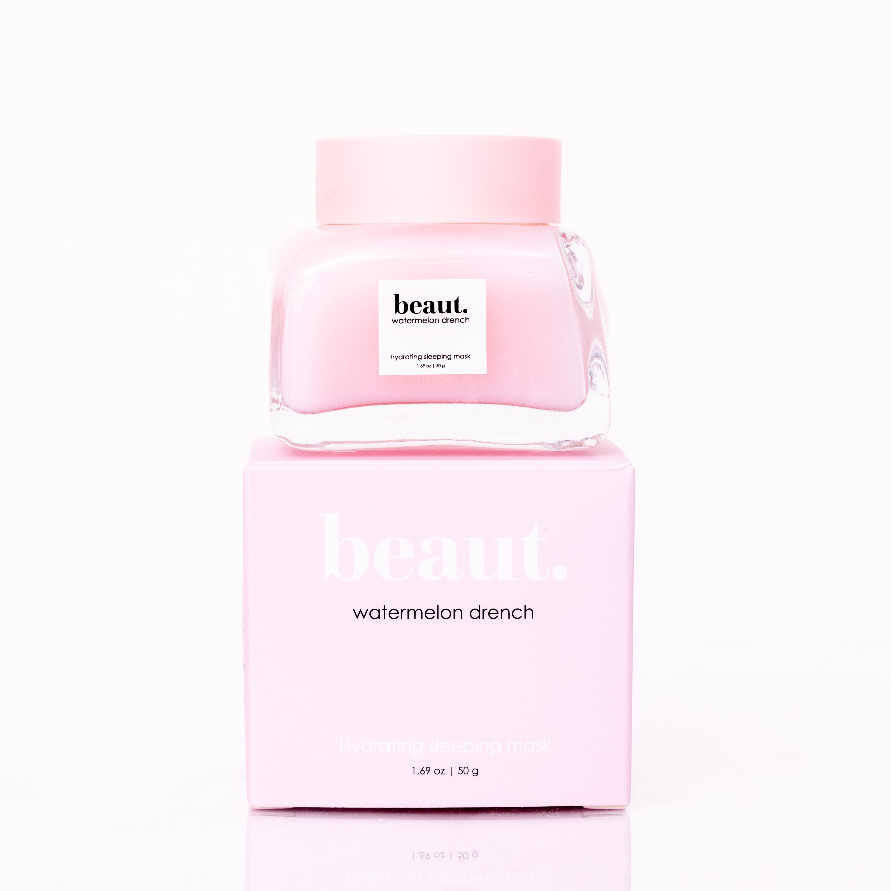 Beaut.beautyco. Watermelon Drench skincare product in a sleek jar with watermelon-inspired design and vibrant pink color.