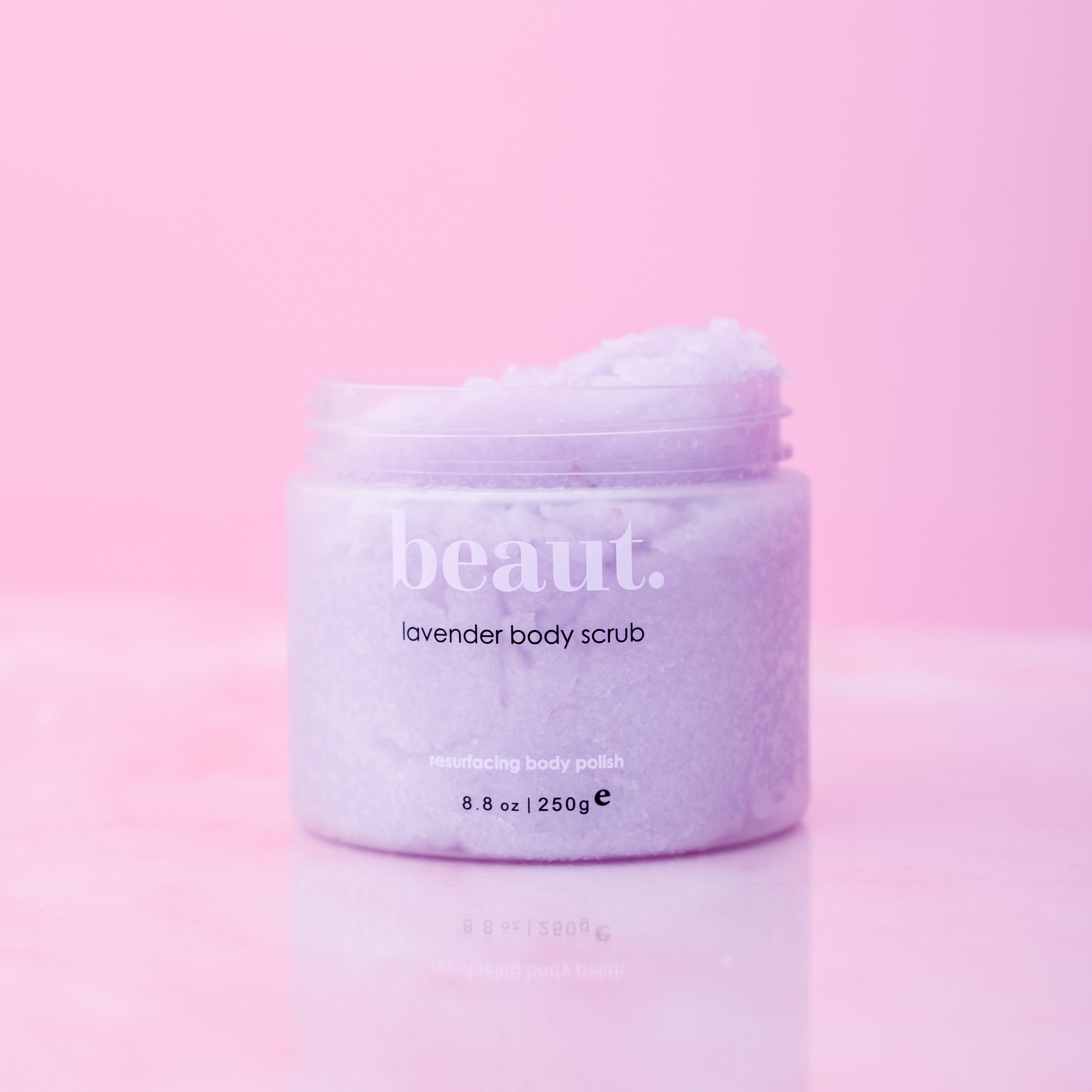 Lavender body scrub by beaut.beautyco., showing a jar of exfoliating body scrub with lavender scent and natural ingredients.