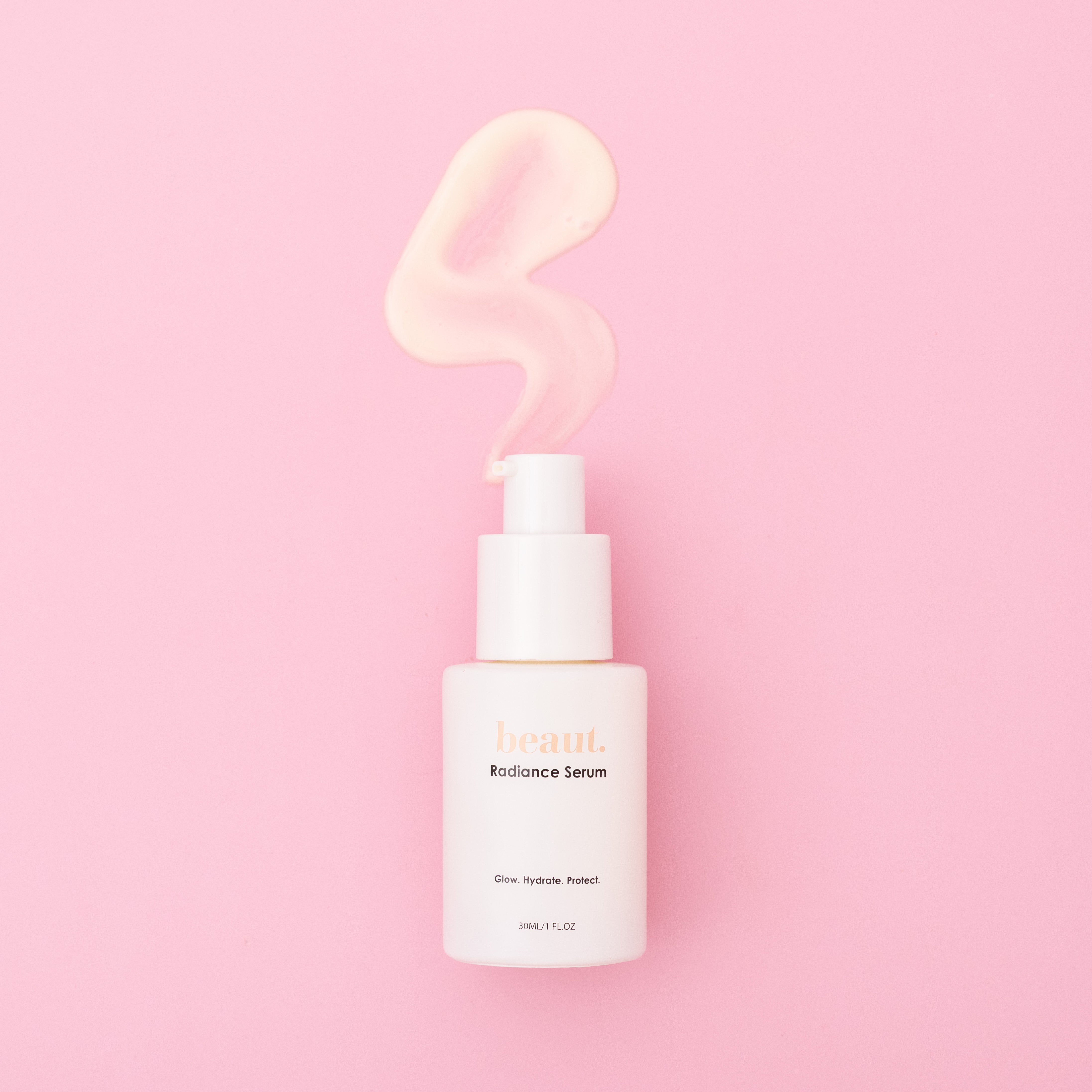 Beaut.beautyco. Radiance Serum bottle with dropper, showcasing clear glass and product label on a white background.