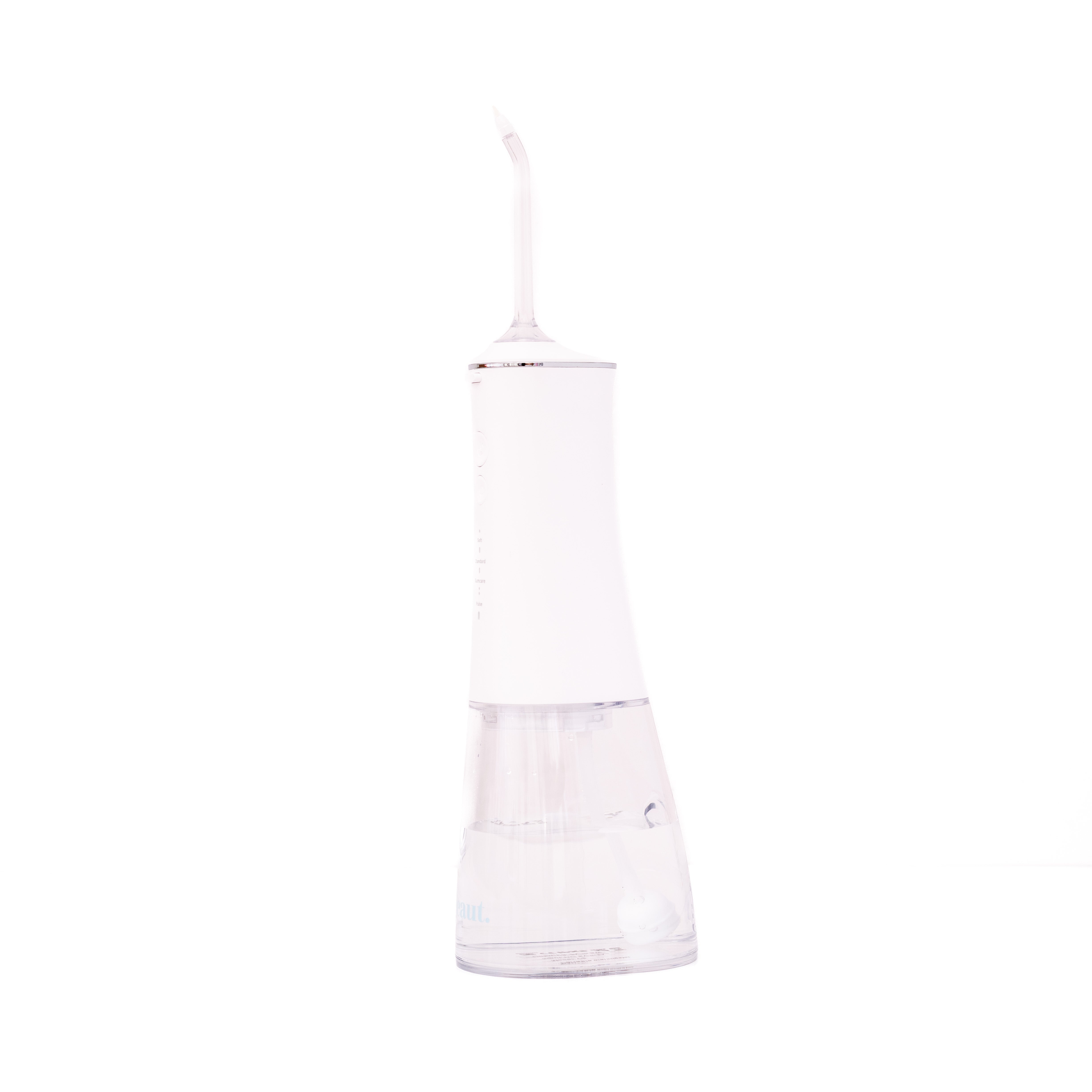White H2O Hydroflossé by beaut.beautyco. featuring a sleek, modern design with the device and attached water flosser tip.