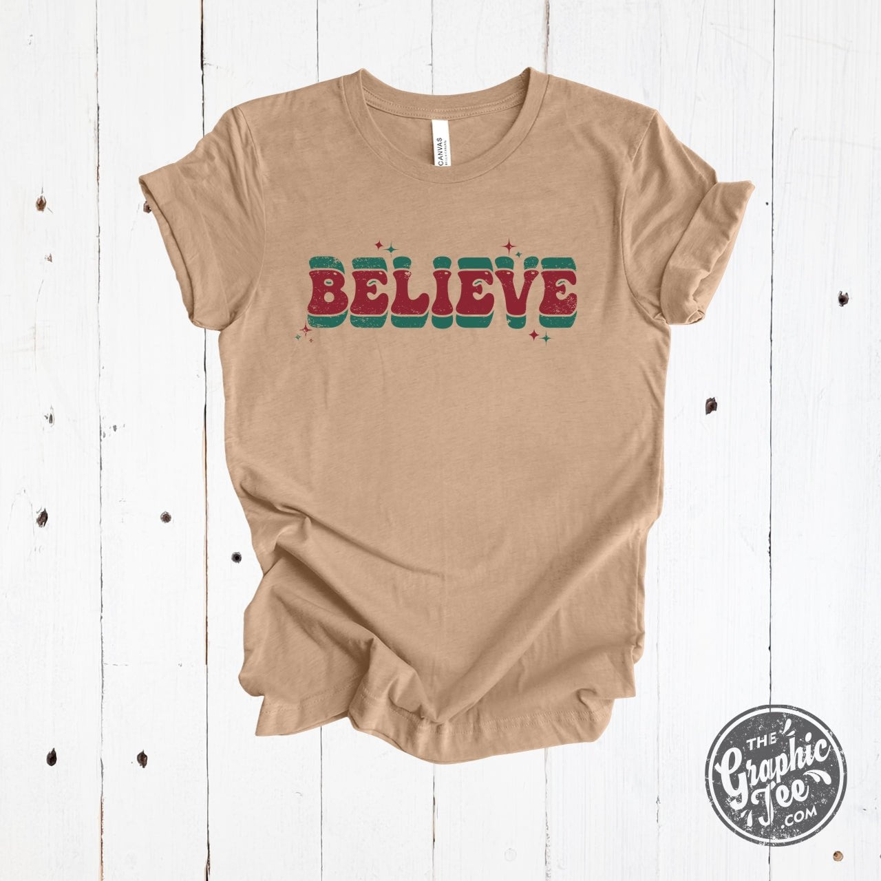 Believe Heather Tan unisex short sleeve graphic tee from The Graphic Tee, featuring a casual design and comfortable fit.
