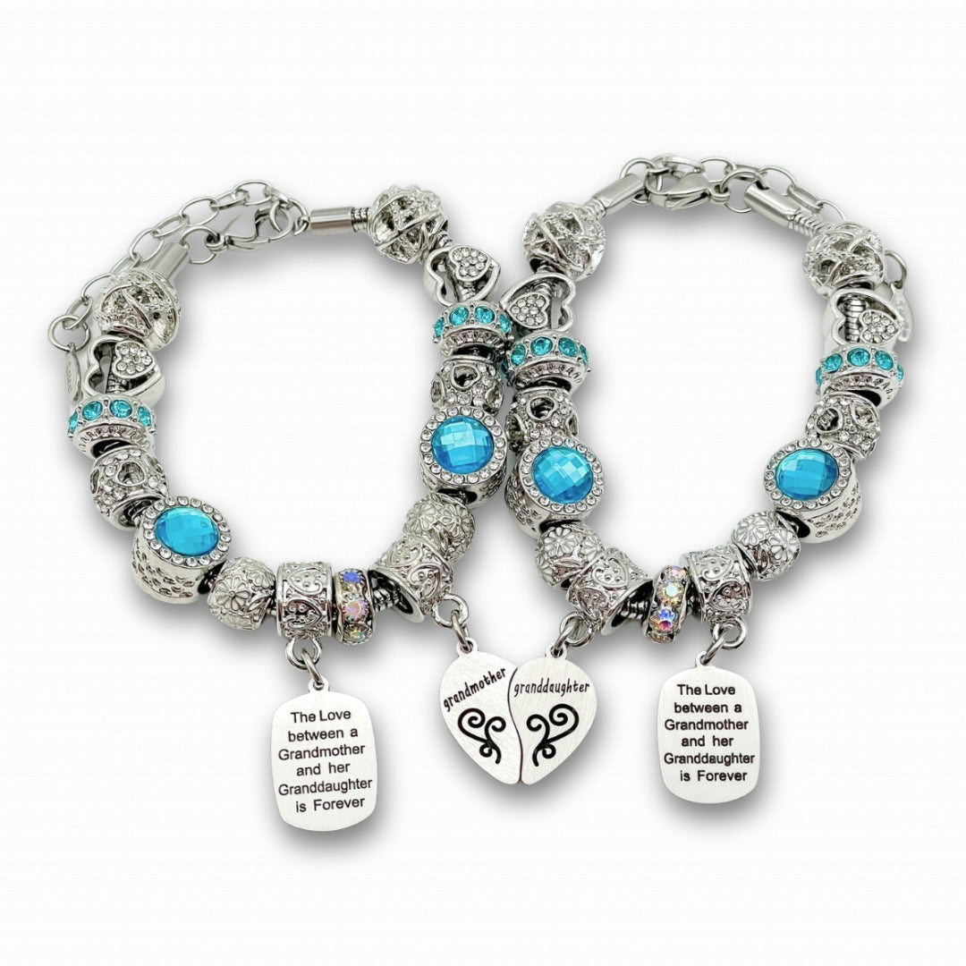 Bella's Yard grandmother and granddaughter unending love bracelet set featuring intertwined heart charms and delicate silver links.