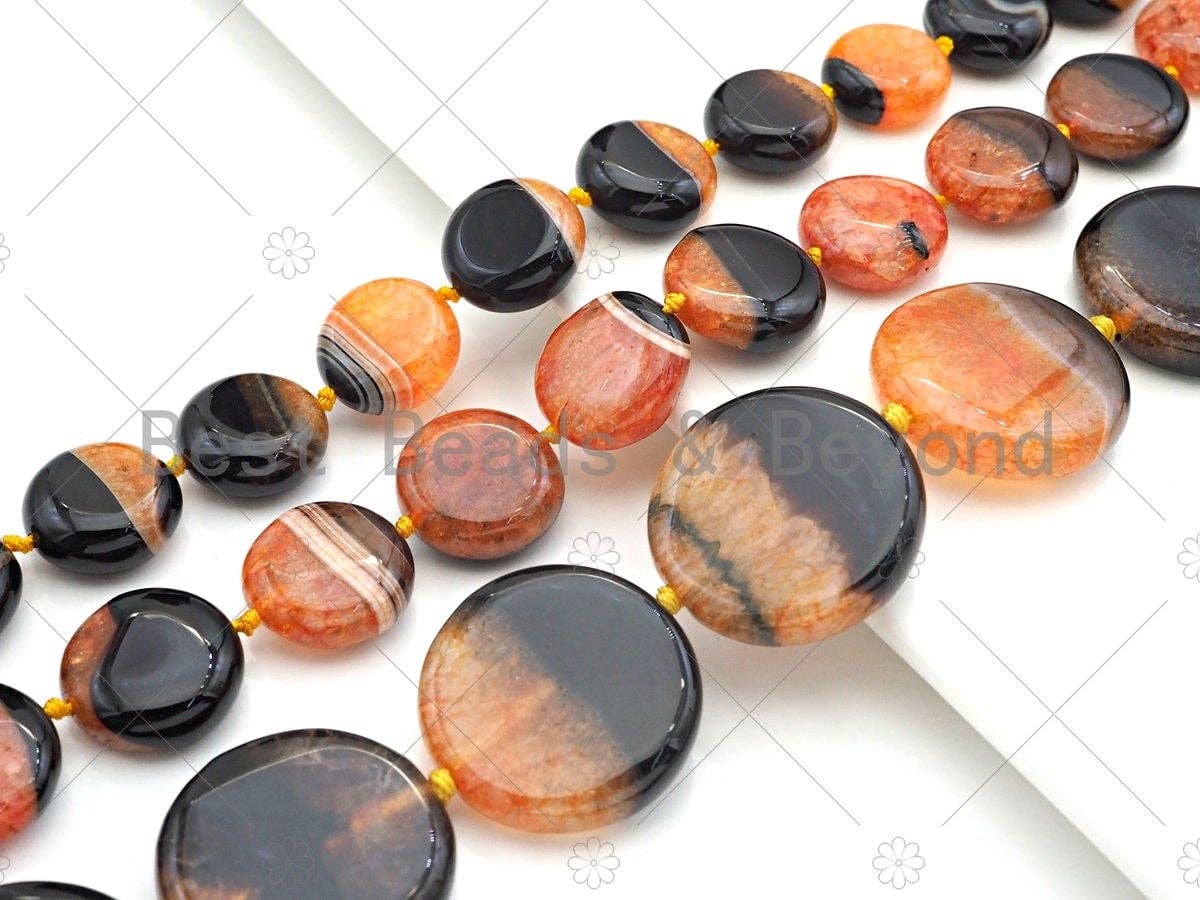 Natural orange and black druzy agate beads, round coin shape, 18mm/20mm/30mm, smooth surface on a 15.5-inch full strand.