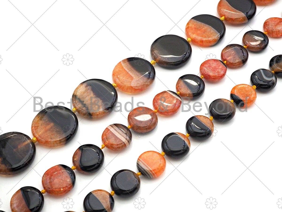 Natural orange black druzy agate beads, 18mm/20mm/30mm round coin shape, smooth agate strand, by Bestbeads&Beyond.