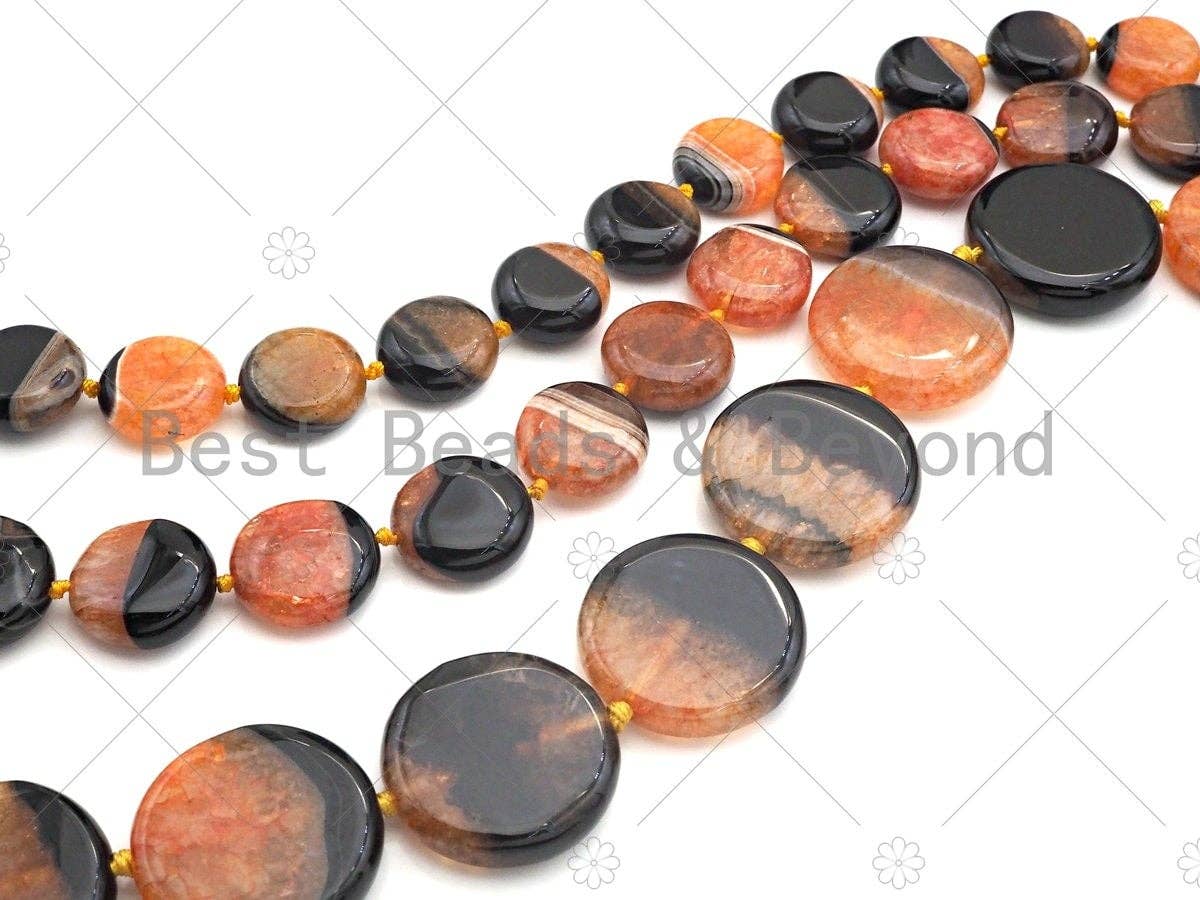 High-quality natural orange and black druzy agate beads in round coin shapes, 18mm, 20mm, 30mm, on a 15.5-inch full strand.