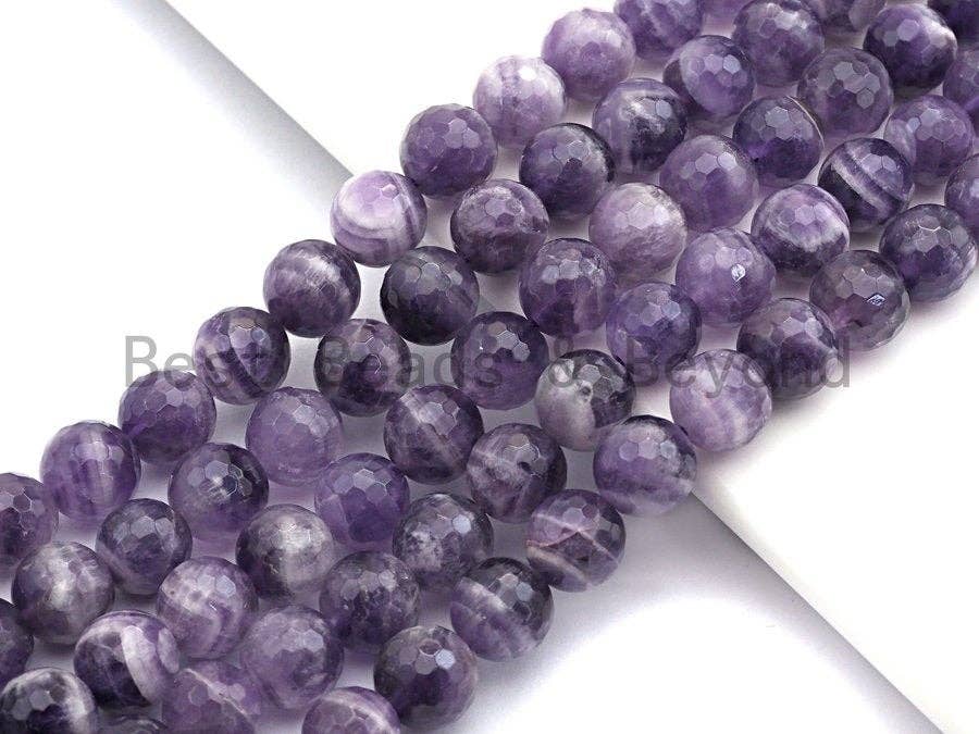Round faceted natural dog teeth amethyst beads in 6mm, 8mm, and 10mm sizes, high-quality jewelry-making beads from Bestbeads&Beyond.