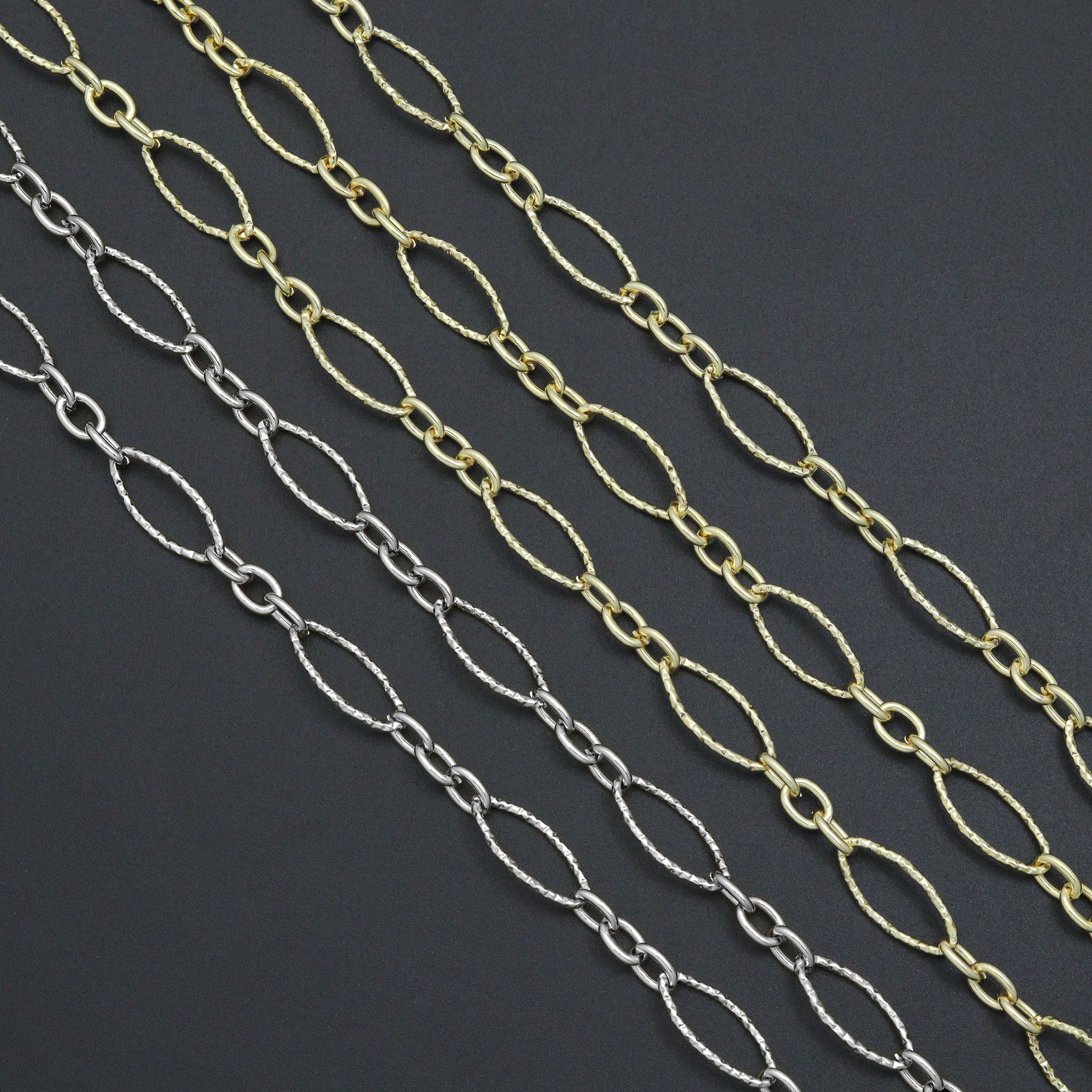 Gold hammered mixed oval shape chain by Bestbeads & Beyond, 1ft wholesale jewelry chain with textured finish.