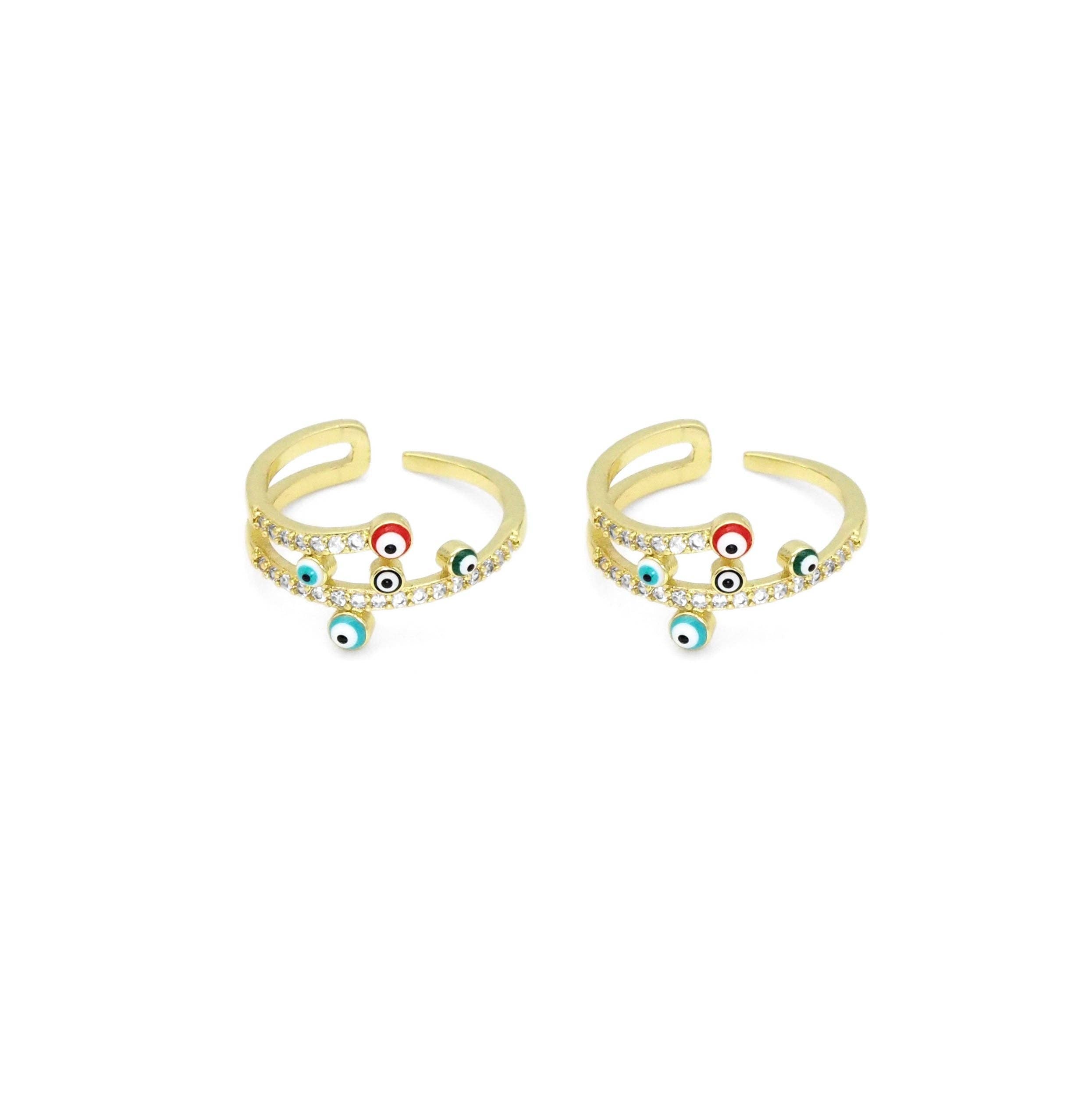 Gold CZ enamel evil eye adjustable cocktail ring by Bestbeads&Beyond, featuring vibrant colors and a bold statement design.