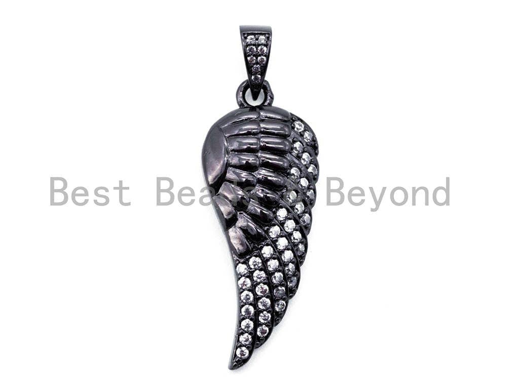 Silver, gold, rose gold, or gunmetal CZ Micro Pave Angel Wing Pendant charm, 14x34mm, featuring sparkling cubic zirconia stones.