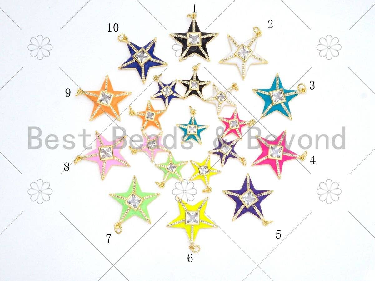 Colorful enamel five-point star pendant with 18K gold-filled and CZ micro pave details, 26x28mm charm for jewelry making.