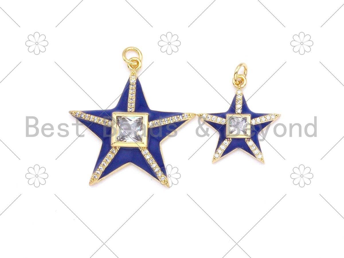 Colorful enamel five-point star pendant with 18K gold-filled and CZ micro pave accents, measuring 26x28mm and 17x20mm.
