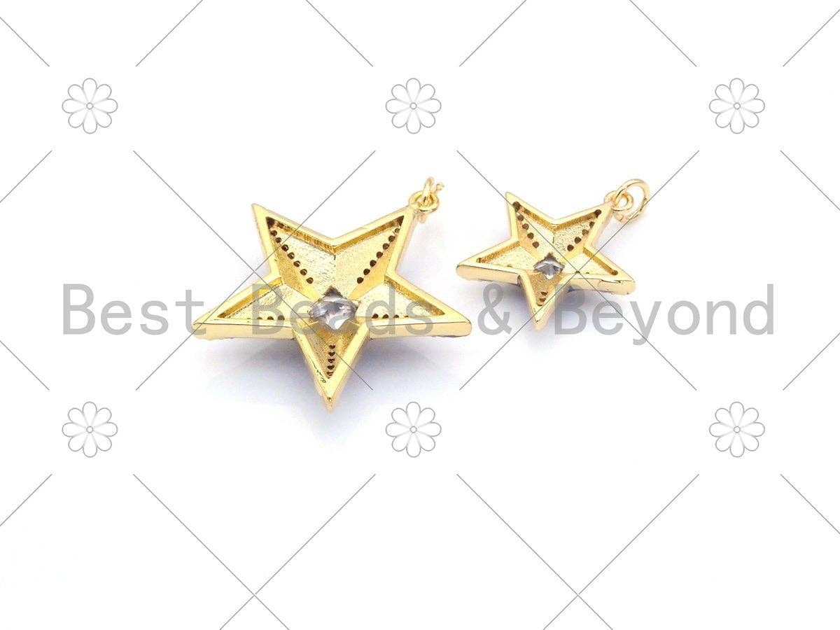 Colorful enamel five-point star pendant with 18K gold fill and CZ micro pave, 26x28mm, detailed enamel jewelry charm.