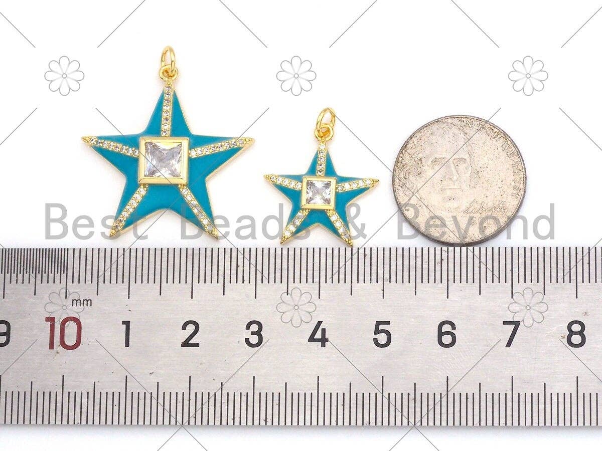 Colorful enamel five-point star pendant with 18K gold-filled and CZ micro pave details, 26x28mm size, ideal for jewelry making.