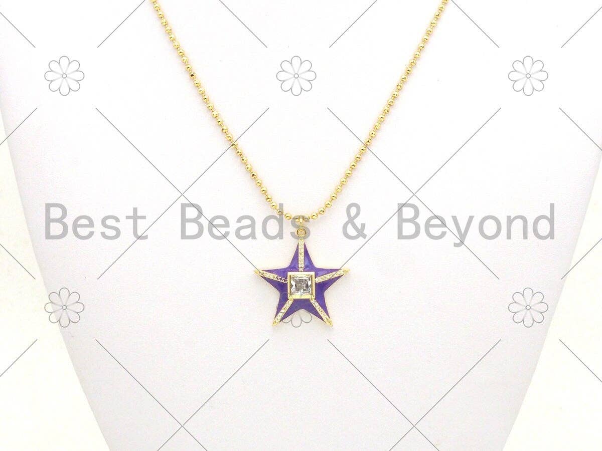 Colorful enamel five-point star pendant with 18K gold-filled and CZ micro pave accents, measures 26x28mm or 17x20mm.