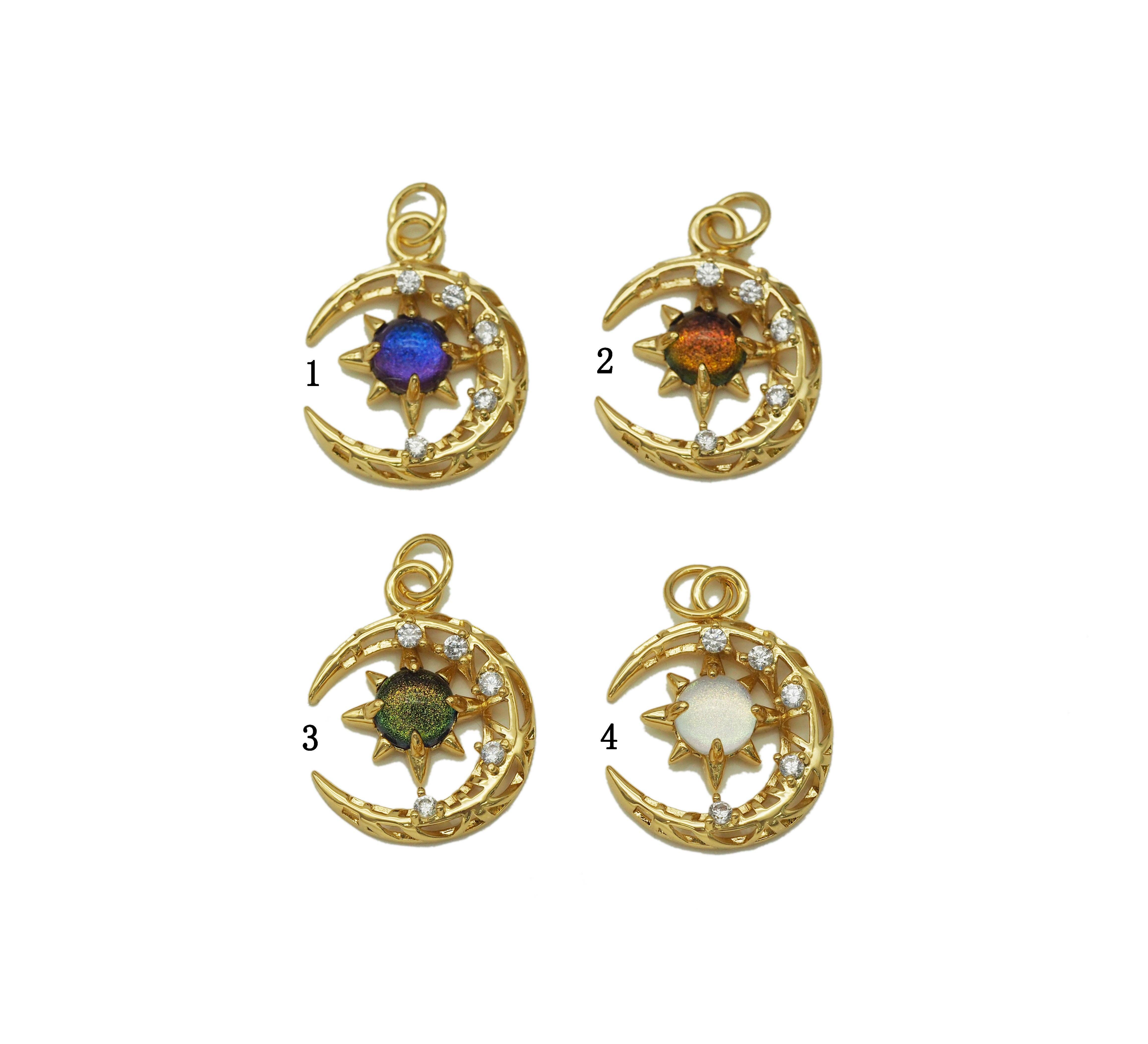 Gold CZ colorful star on crescent moon charm from Bestbeads&Beyond, featuring vibrant star and moon design in a pendant style.