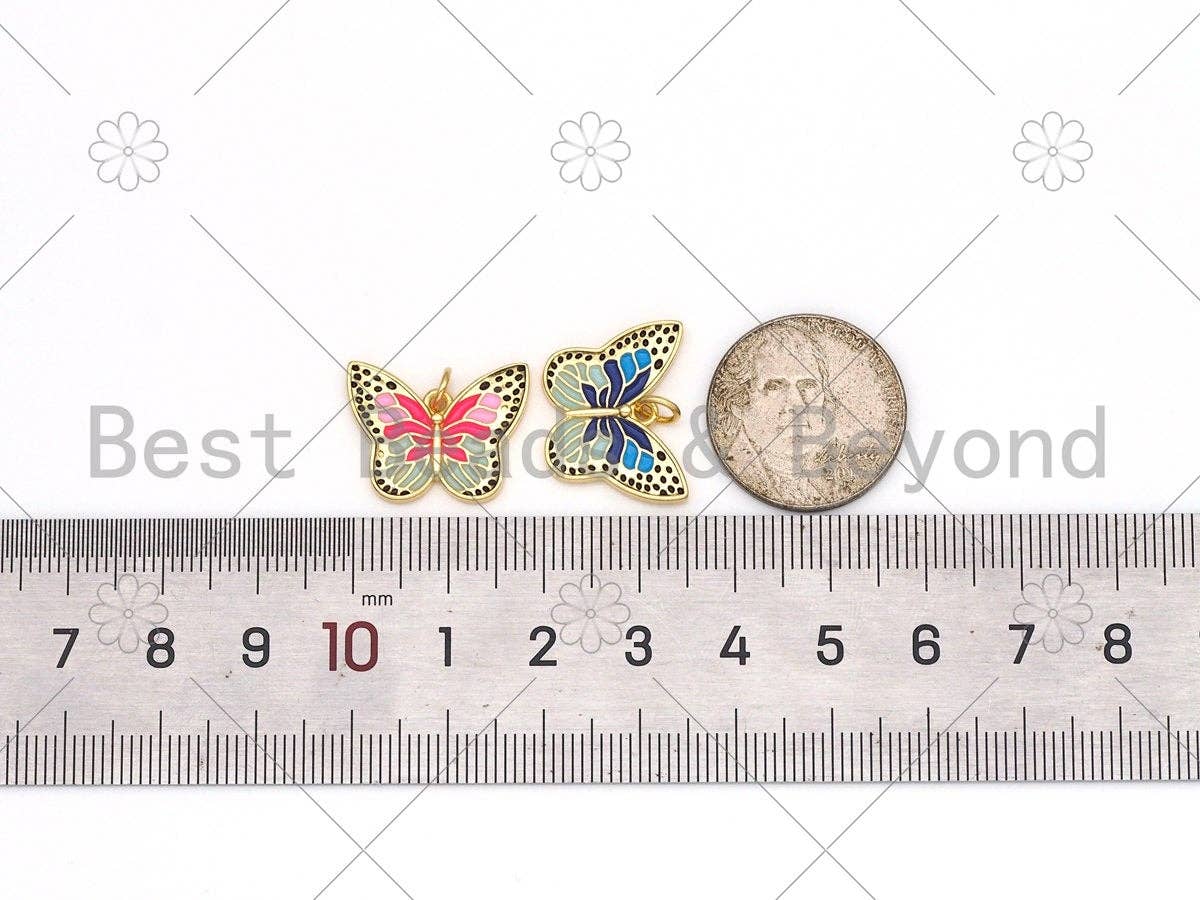 Colorful enamel butterfly pendant charm in 18K gold-filled, 19x15mm, suitable for necklaces or bracelets.