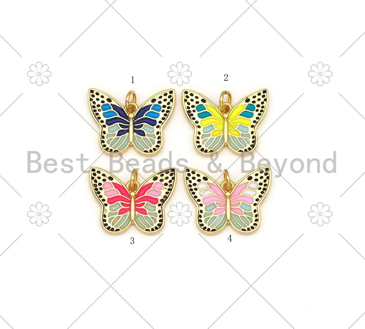 Colorful enamel butterfly pendant charm, 18K gold filled, 19x15mm, perfect for necklaces or bracelets, by Bestbeads & Beyond.