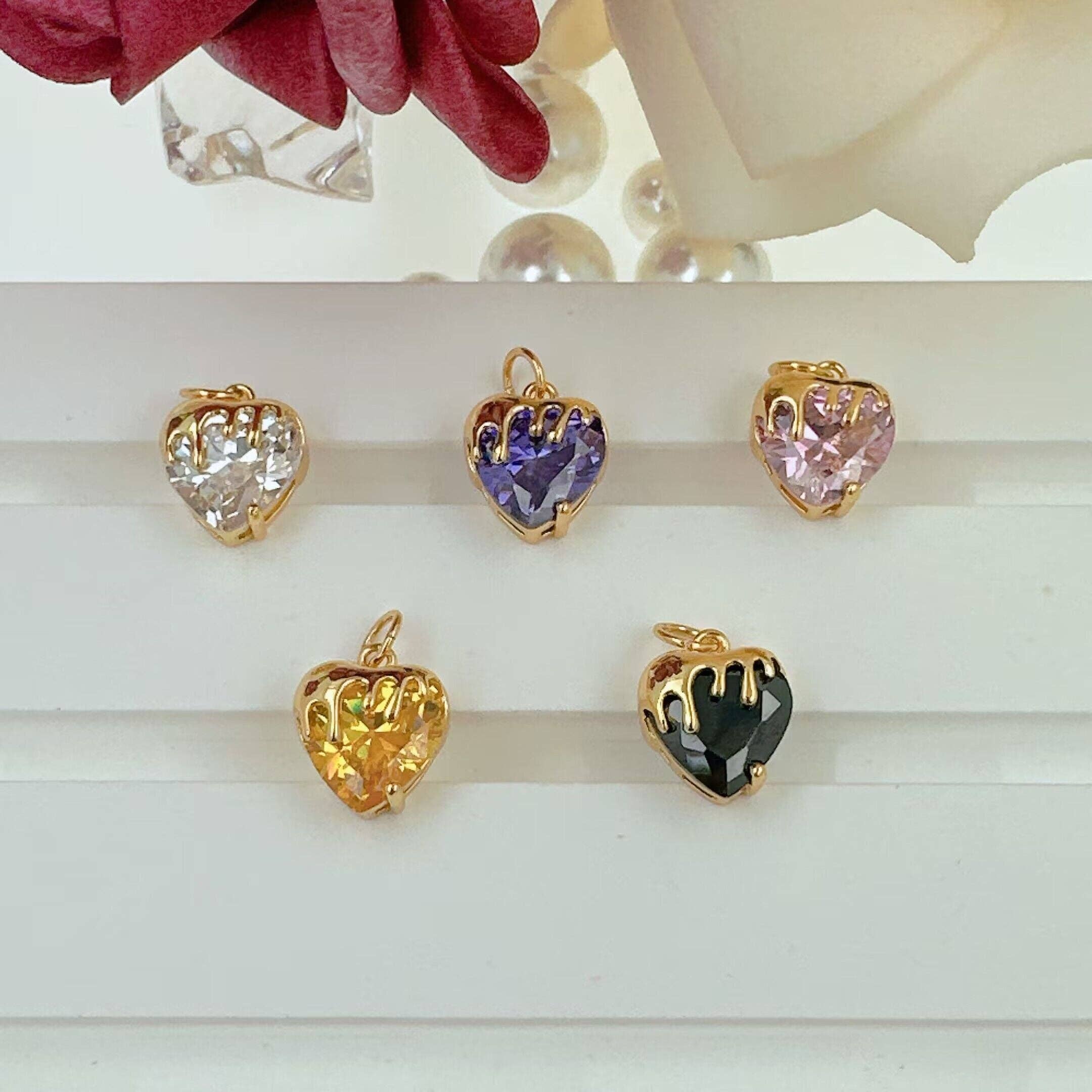 Gold-colored heart charm with colorful cubic zirconia dip, individual pendant from Bestbeads&Beyond SKU Y920.