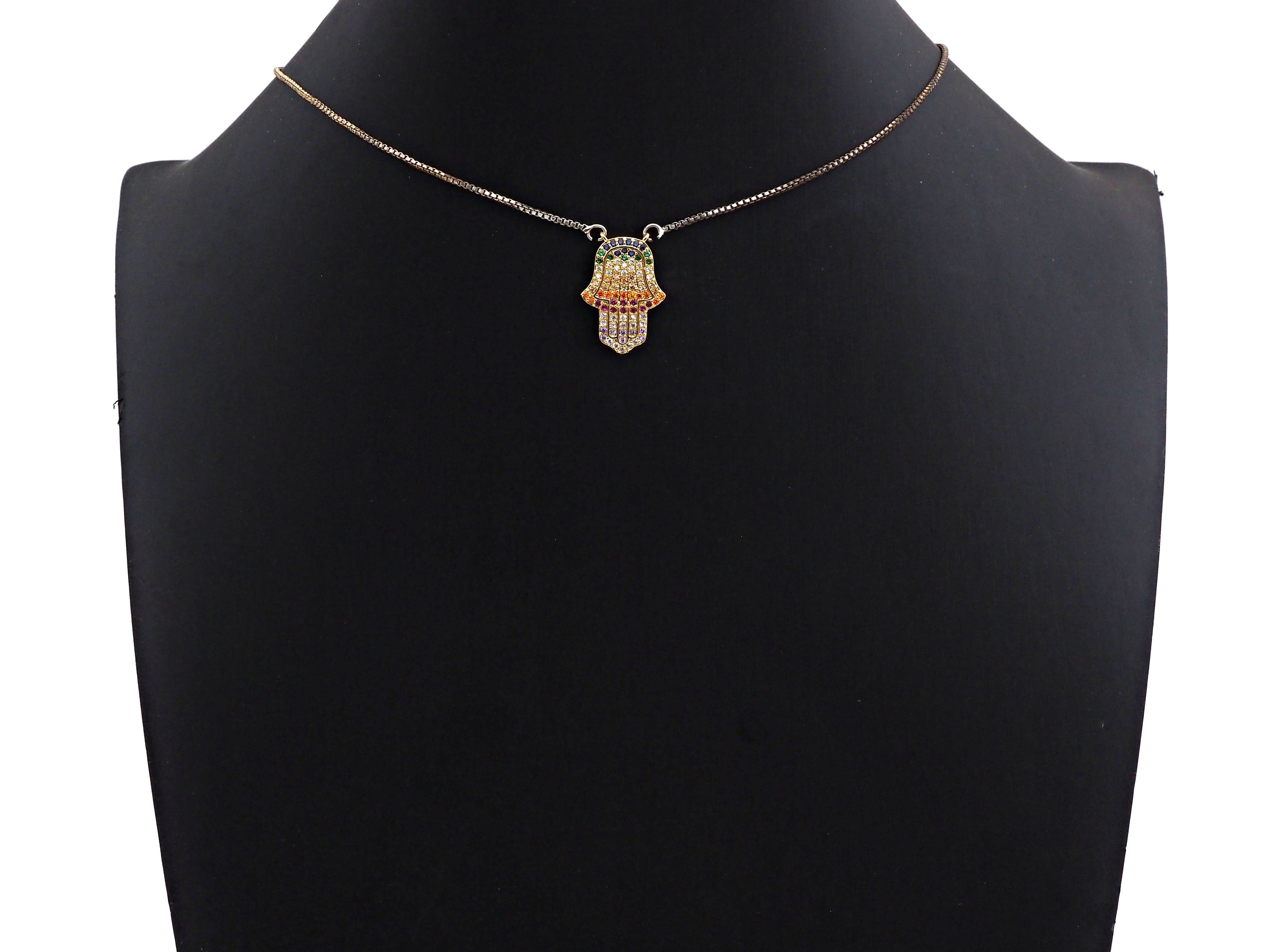 Colorful CZ Micro Pave Hamsa Hand Charm, 14x21mm, for necklace or bracelet, featuring cubic zirconia pave detail.
