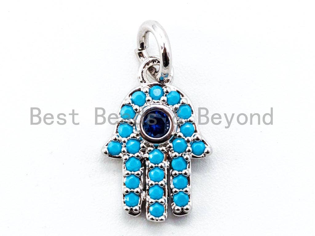 Bestbeads&Beyond CZ Micro Pave Blue Hamsa Hand Evil Eye Pendant, turquoise cubic zirconia, 9x13mm charm for bracelets.
