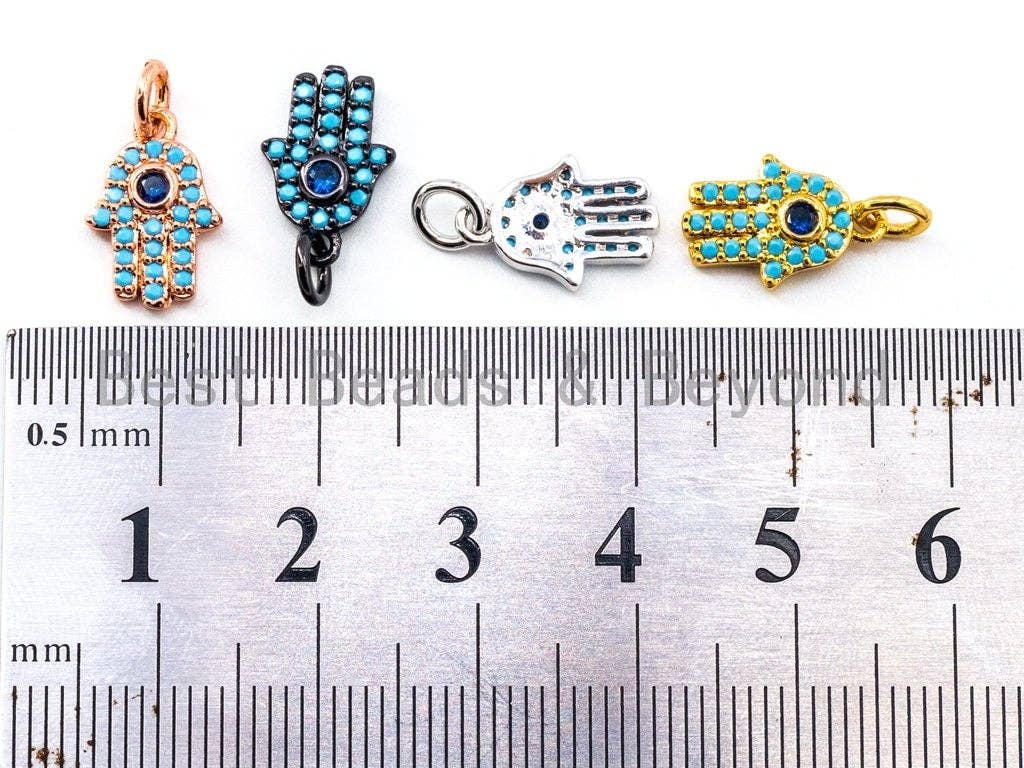 Blue Hamsa hand evil eye pendant charm with turquoise cubic zirconia, 9x13mm, for bracelets, by Bestbeads&Beyond.