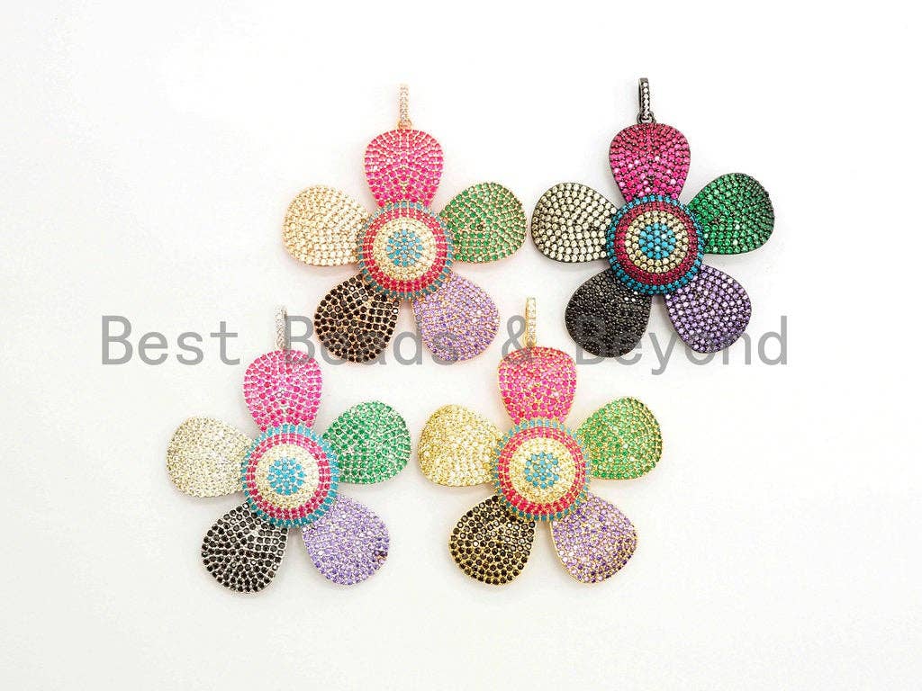 Large 58mm multi-color CZ micro pave plum flower pendant in gold, silver, rose gold, and gunmetal with cubic zirconia stones.