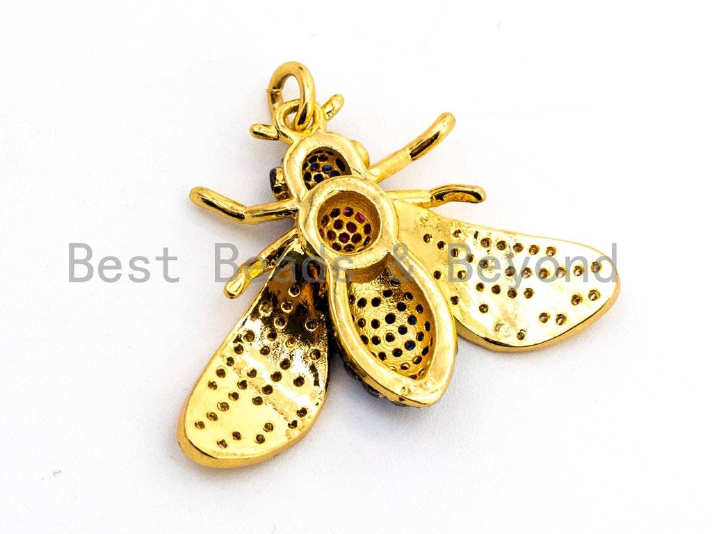 Black bee-inspired charm pendant with multicolor CZ micro pave, gold, rose gold, silver, and black finishes, 21x29x5mm.