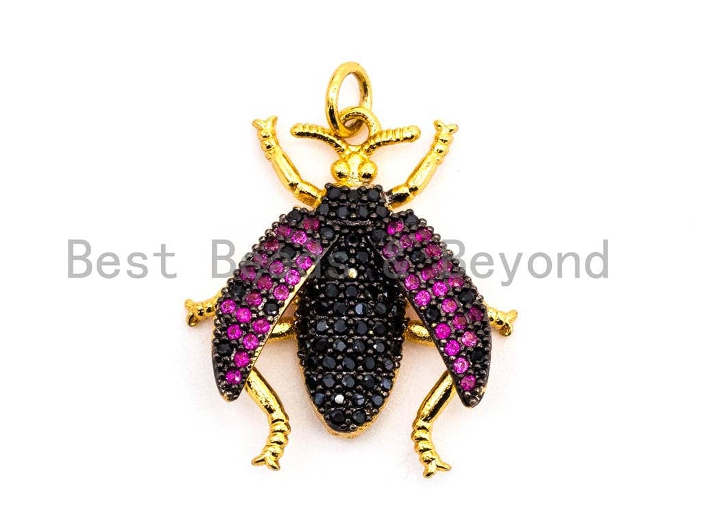 Black beetle-inspired charm with fuchsia cubic zirconia micro pave, gold, rose gold, silver, or black finish, 23x25mm.